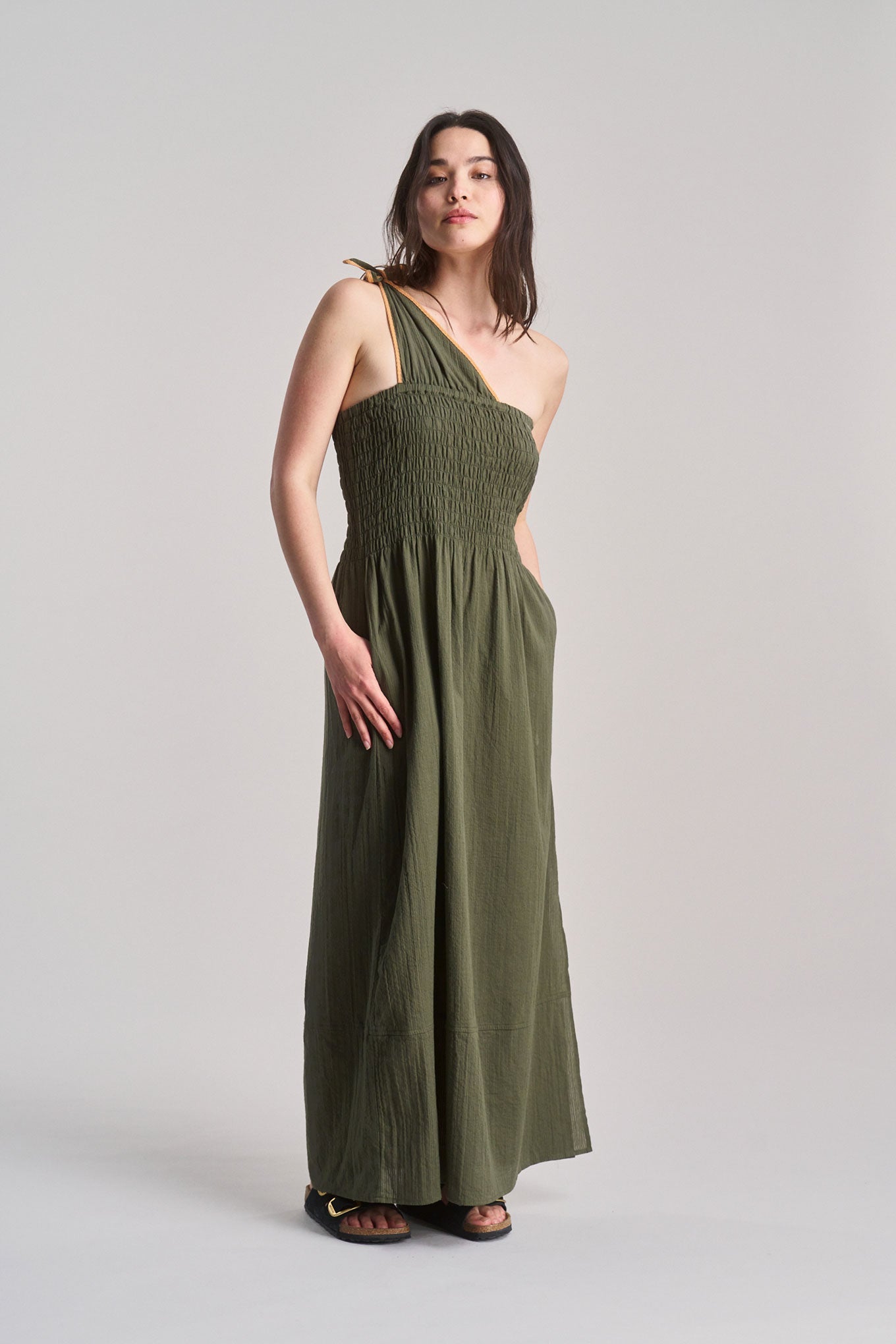 BOMA Organic Cotton Seersucker Dress - Khaki - Ecomarket.com