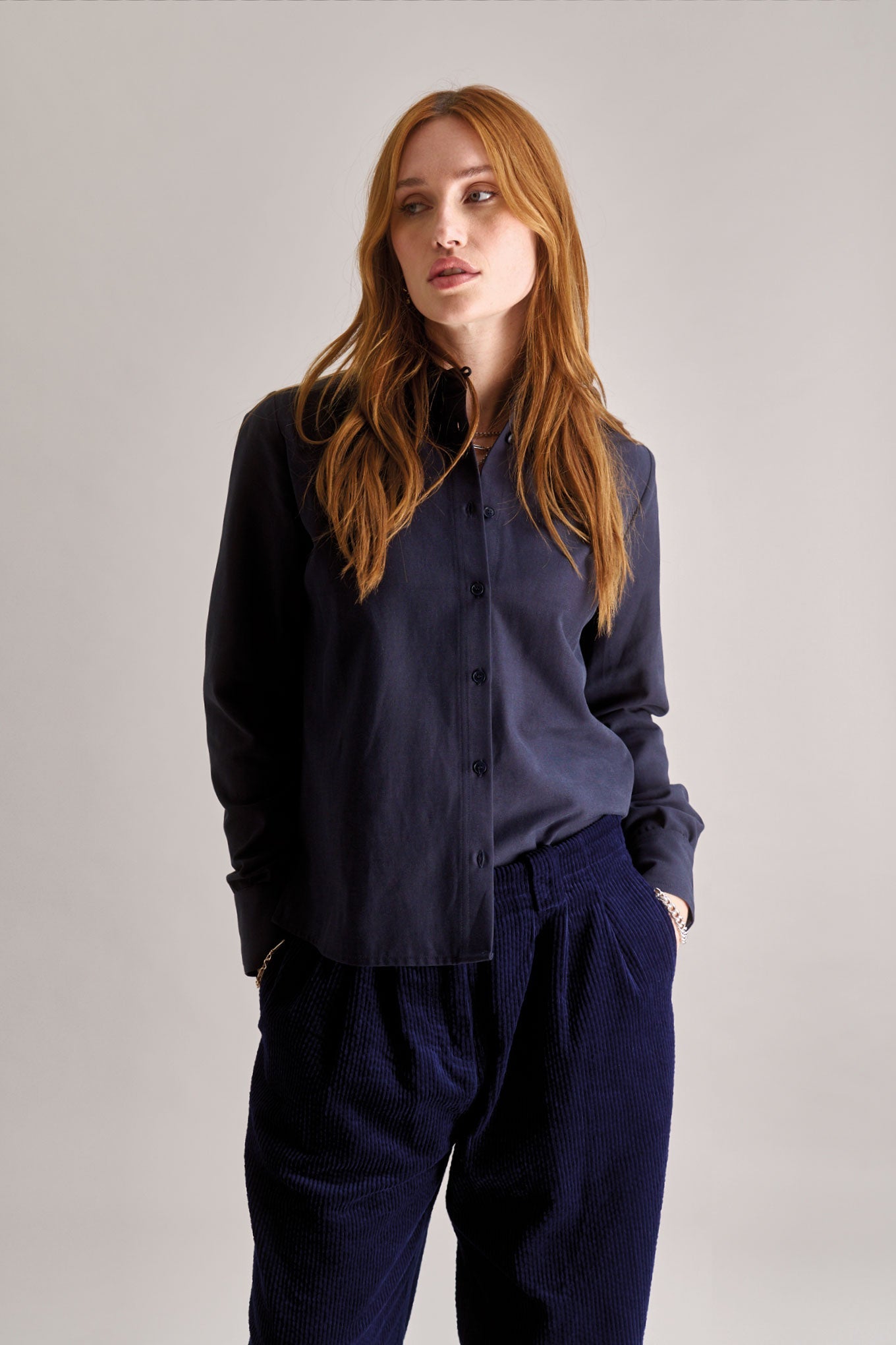 KENJI Cotton Tencel Shirt - Navy - Ecomarket.com