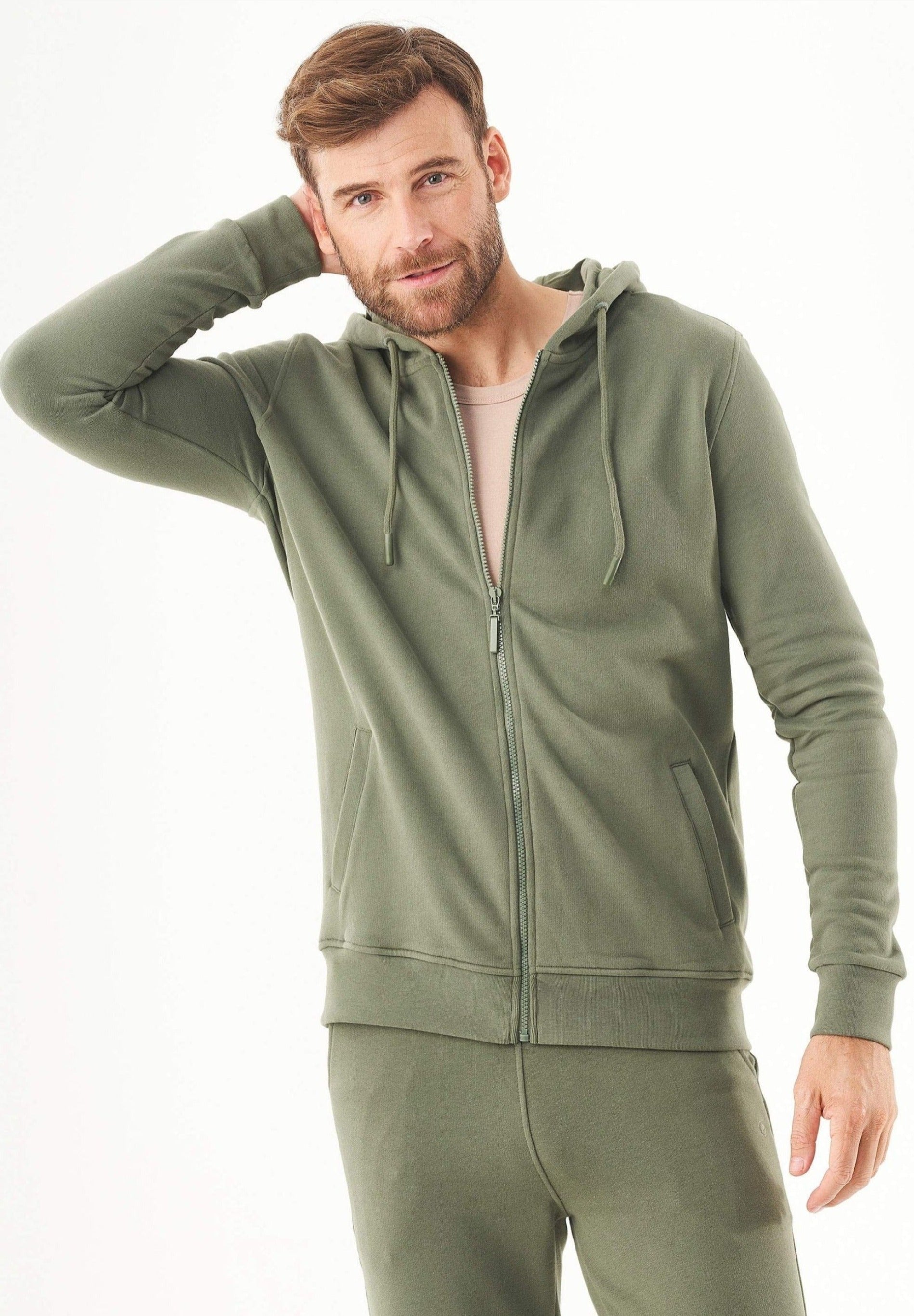 Soft Touch Zip Hoodie in 100% Organic Cotton in olive green - Ecomarket.com