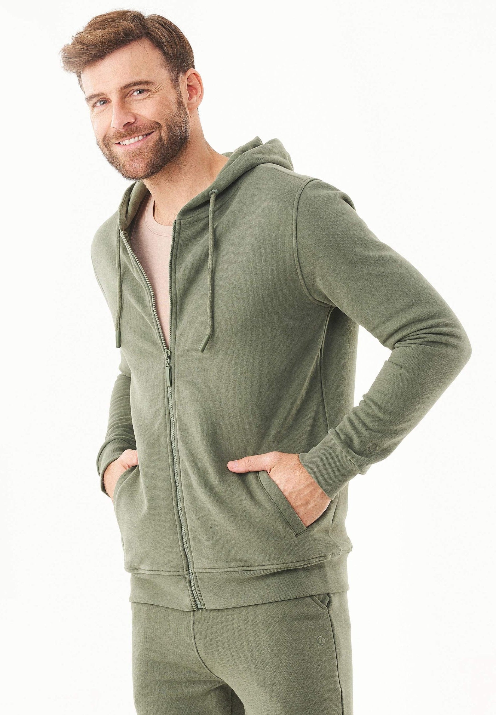Soft Touch Zip Hoodie in 100% Organic Cotton in olive green - Ecomarket.com
