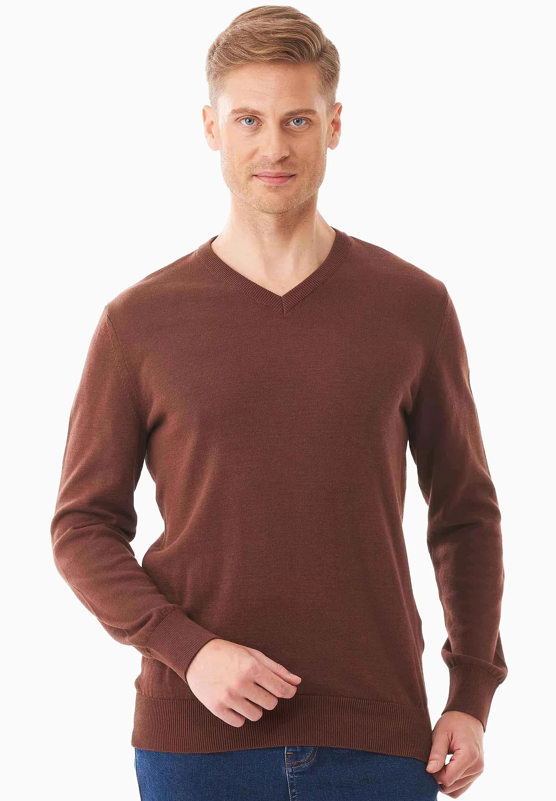 Organic Cotton Knit V-neck Sweater in brown - Ecomarket.com