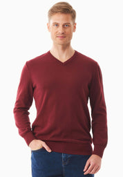 Organic Cotton Knit V-neck Sweater in syrah red - Ecomarket.com