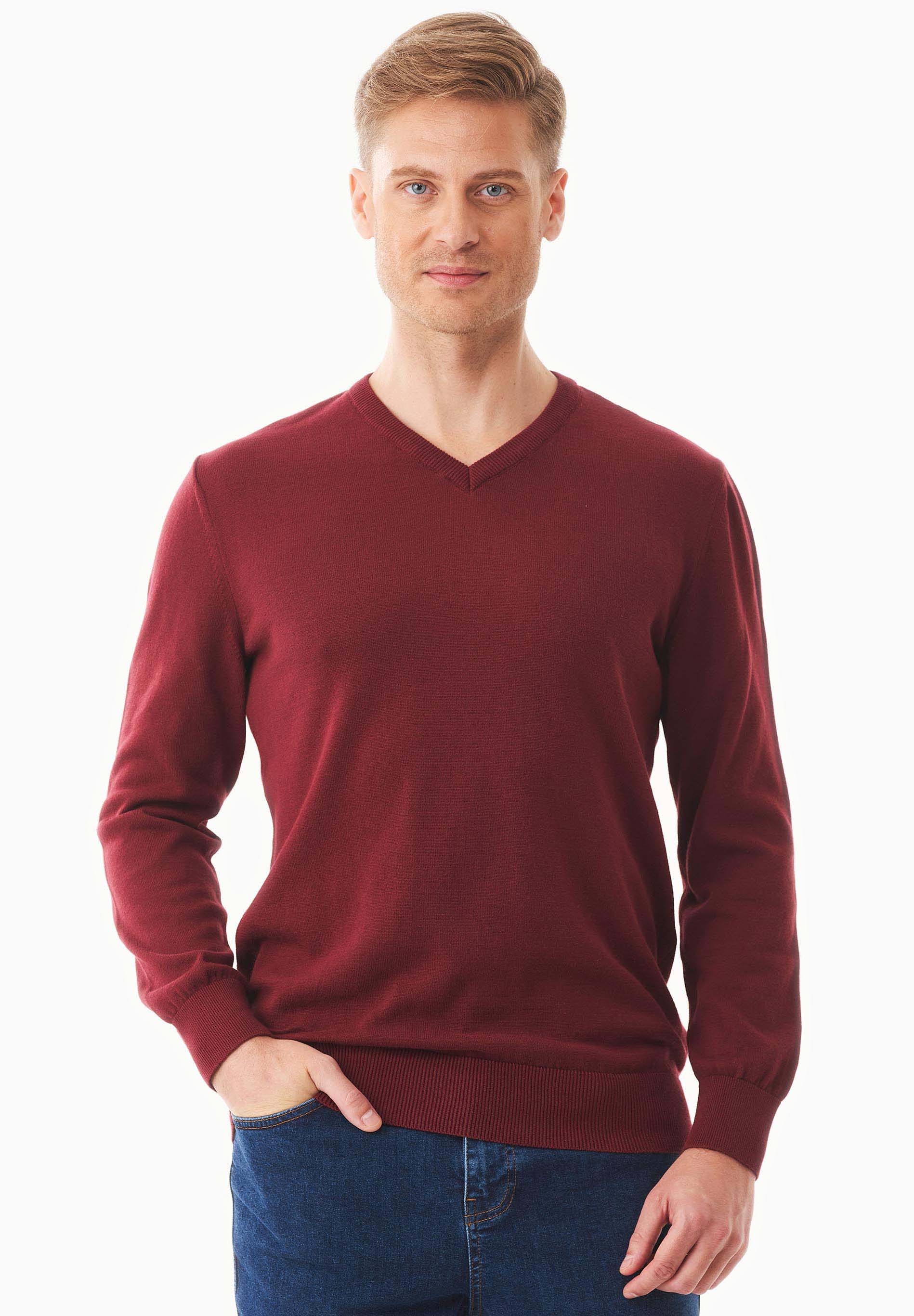 Organic Cotton Knit V-neck Sweater in syrah red - Ecomarket.com