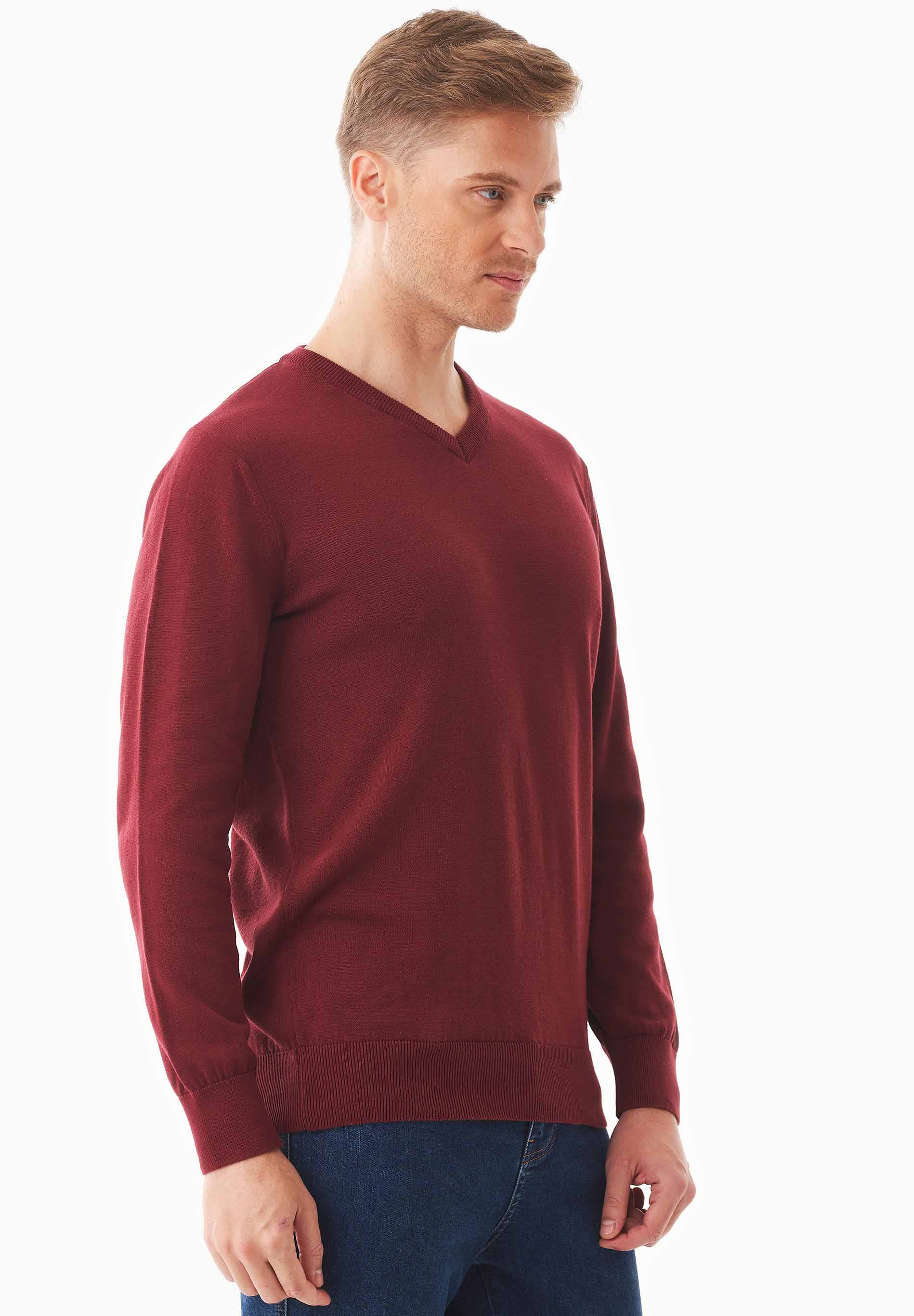Organic Cotton Knit V-neck Sweater in syrah red - Ecomarket.com