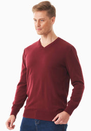 Organic Cotton Knit V-neck Sweater in syrah red - Ecomarket.com