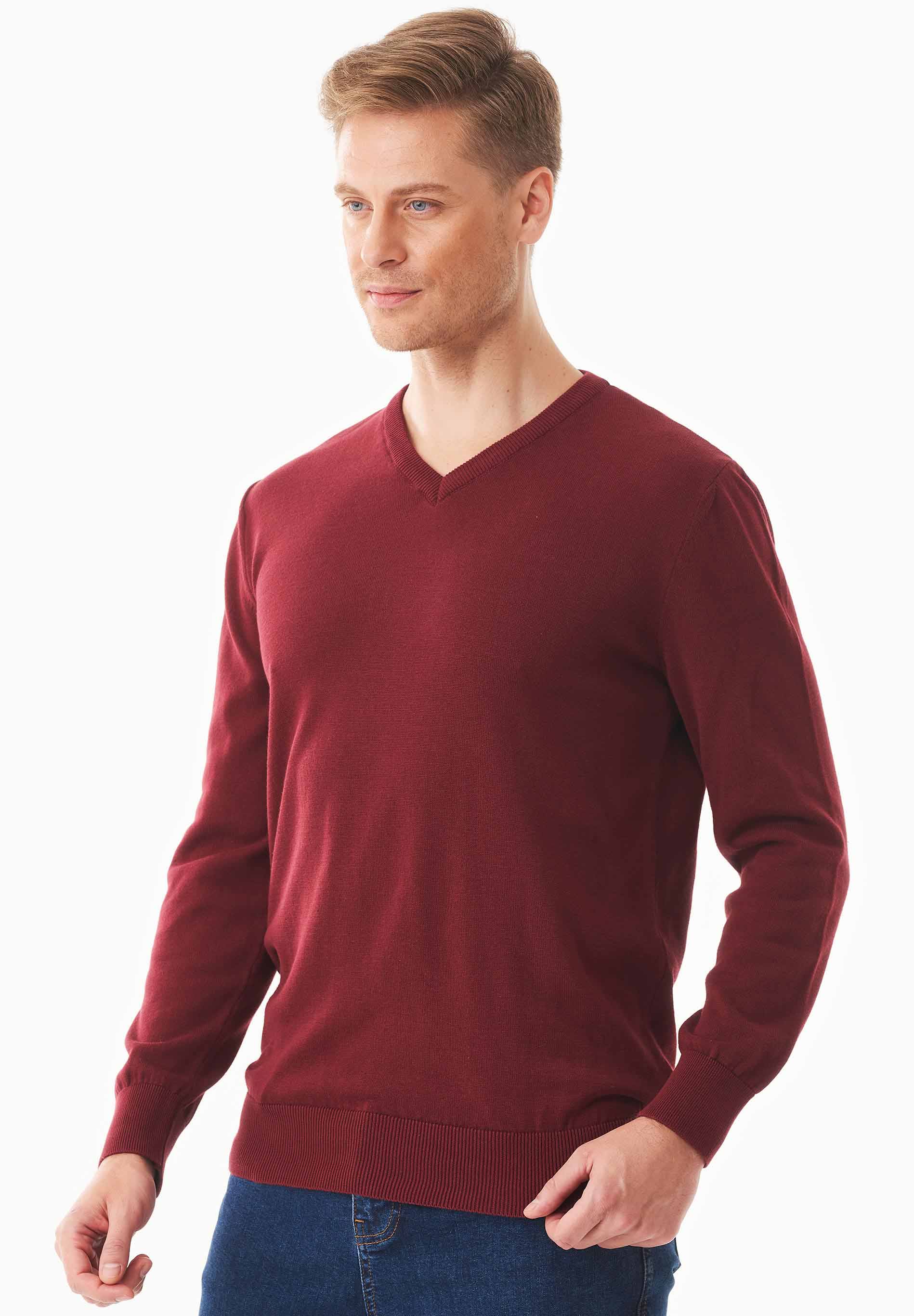 Organic Cotton Knit V-neck Sweater in syrah red - Ecomarket.com