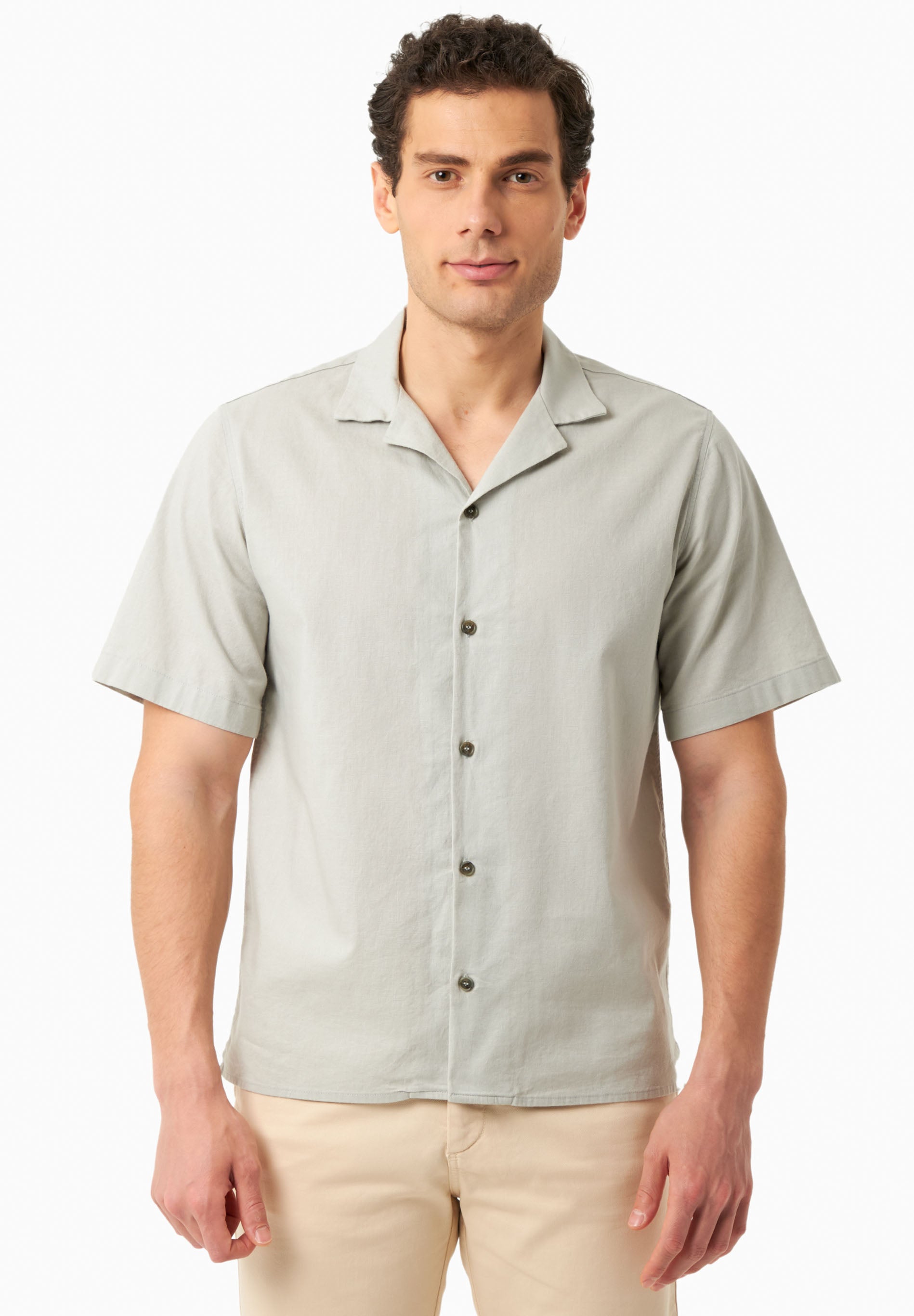 Short-Sleeved Shirt in Organic Cotton & Linen in green moss - Ecomarket.com