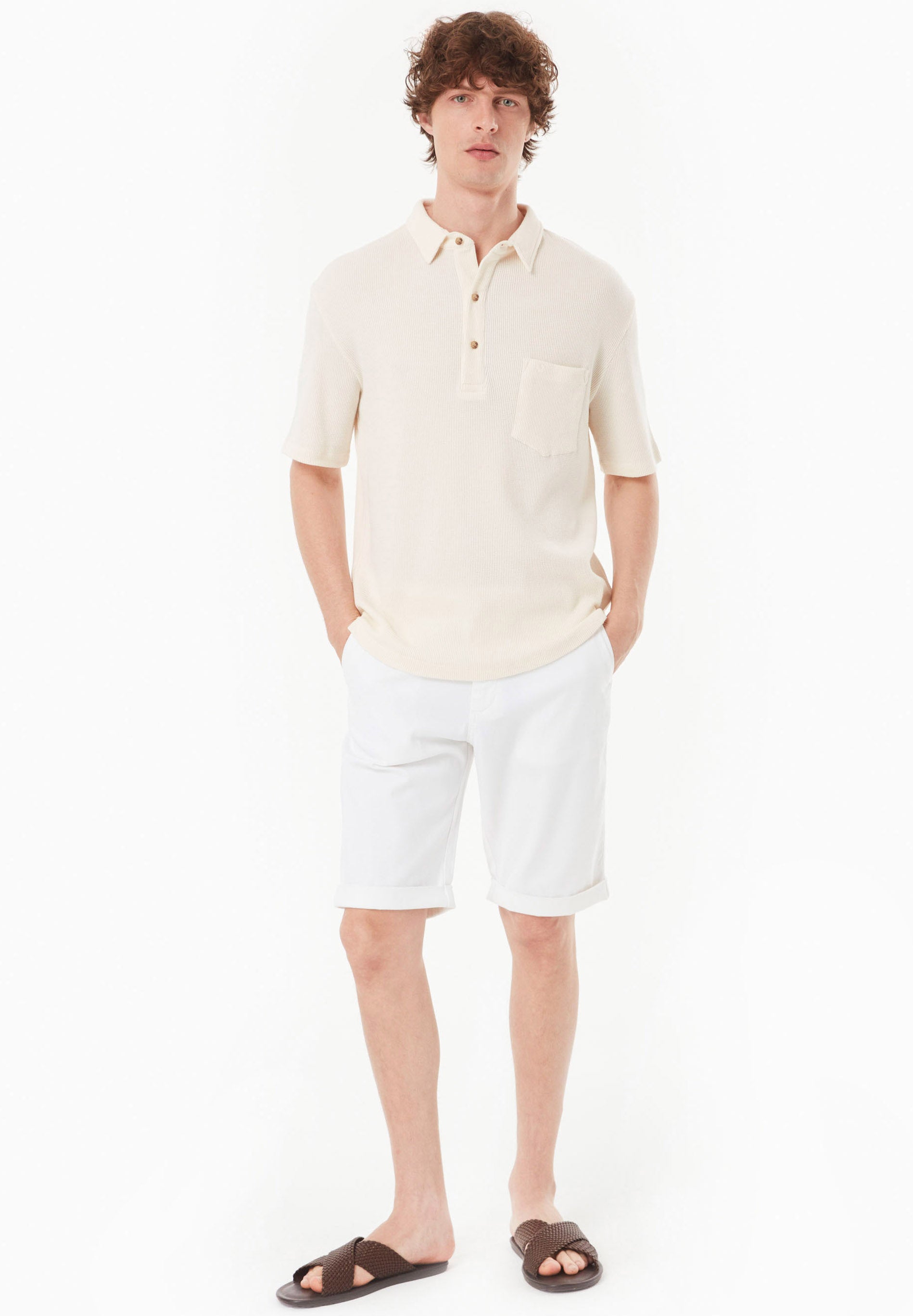 Waffle-Textured Polo Shirt in Organic Cotton beige-white - Ecomarket.com
