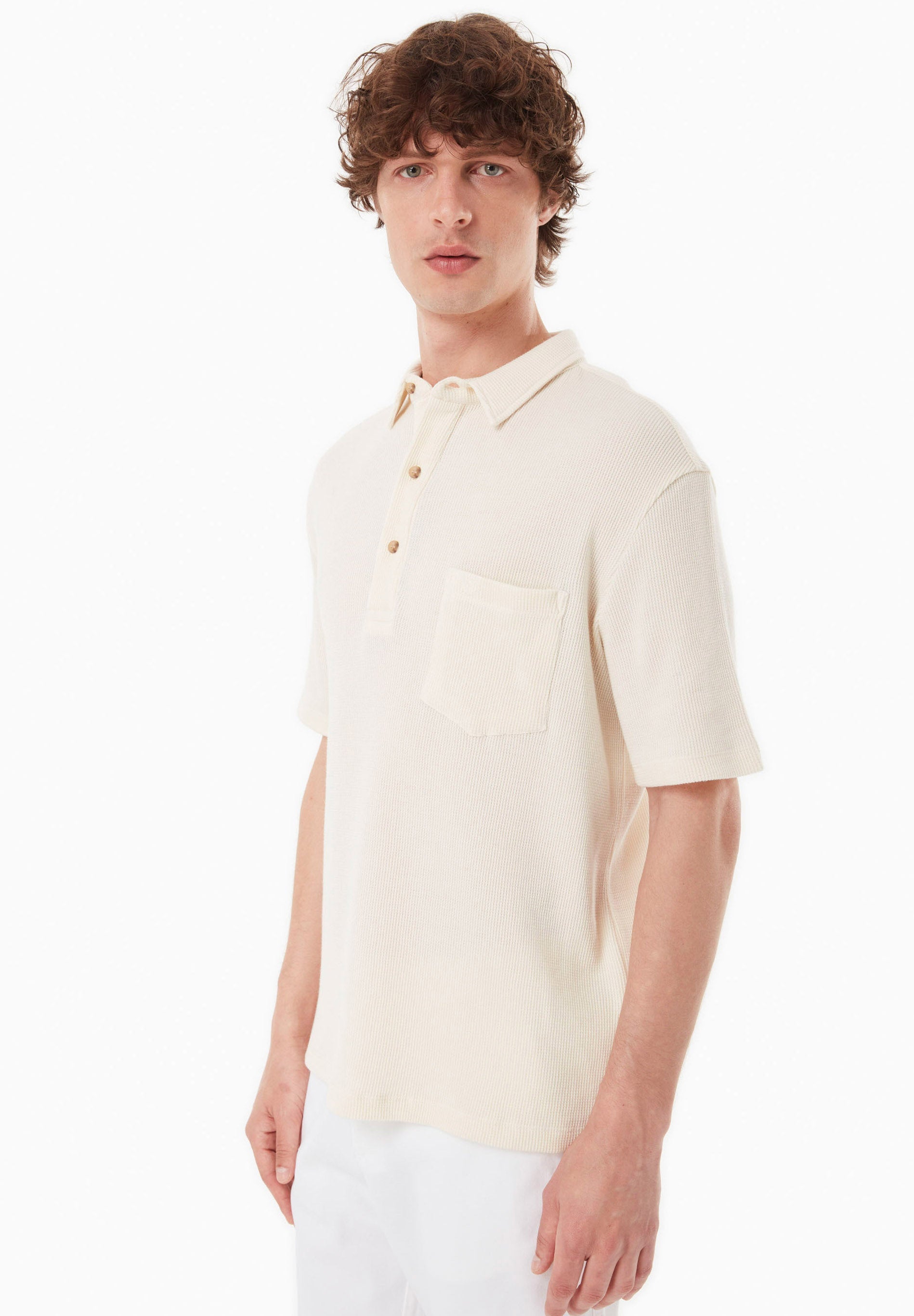 Waffle-Textured Polo Shirt in Organic Cotton beige-white - Ecomarket.com
