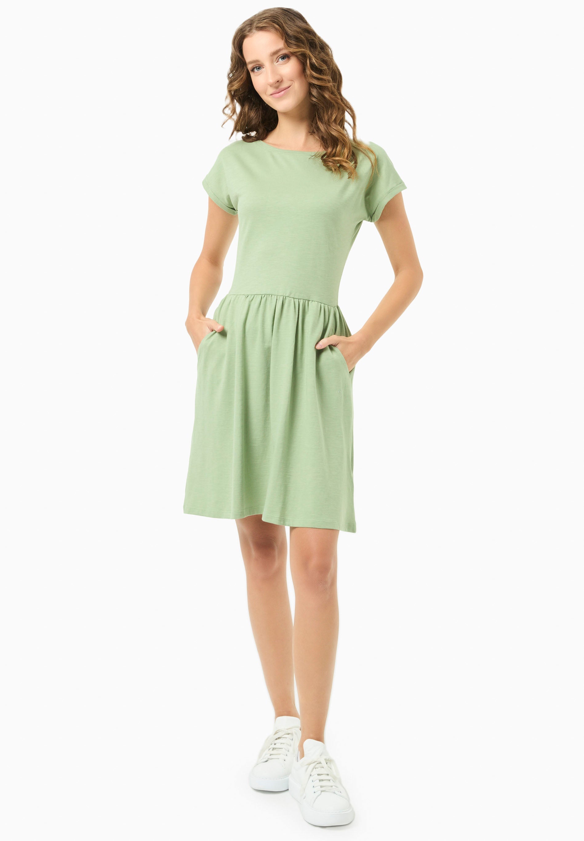 green knit dresses Fern Shirred Short Sleeve Linen Blend Midi Dress