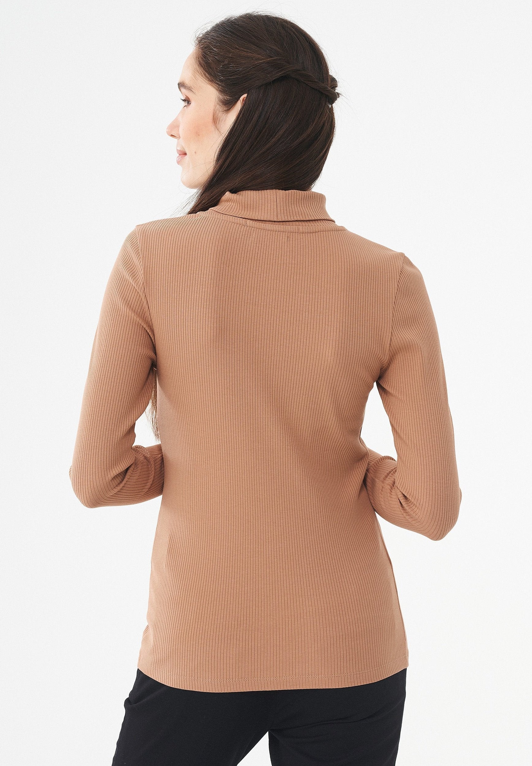 Organic Cotton Ribbed Turtleneck Shirt in light brown - Ecomarket.com