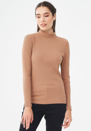 Organic Cotton Ribbed Turtleneck Shirt in light brown - Ecomarket.com
