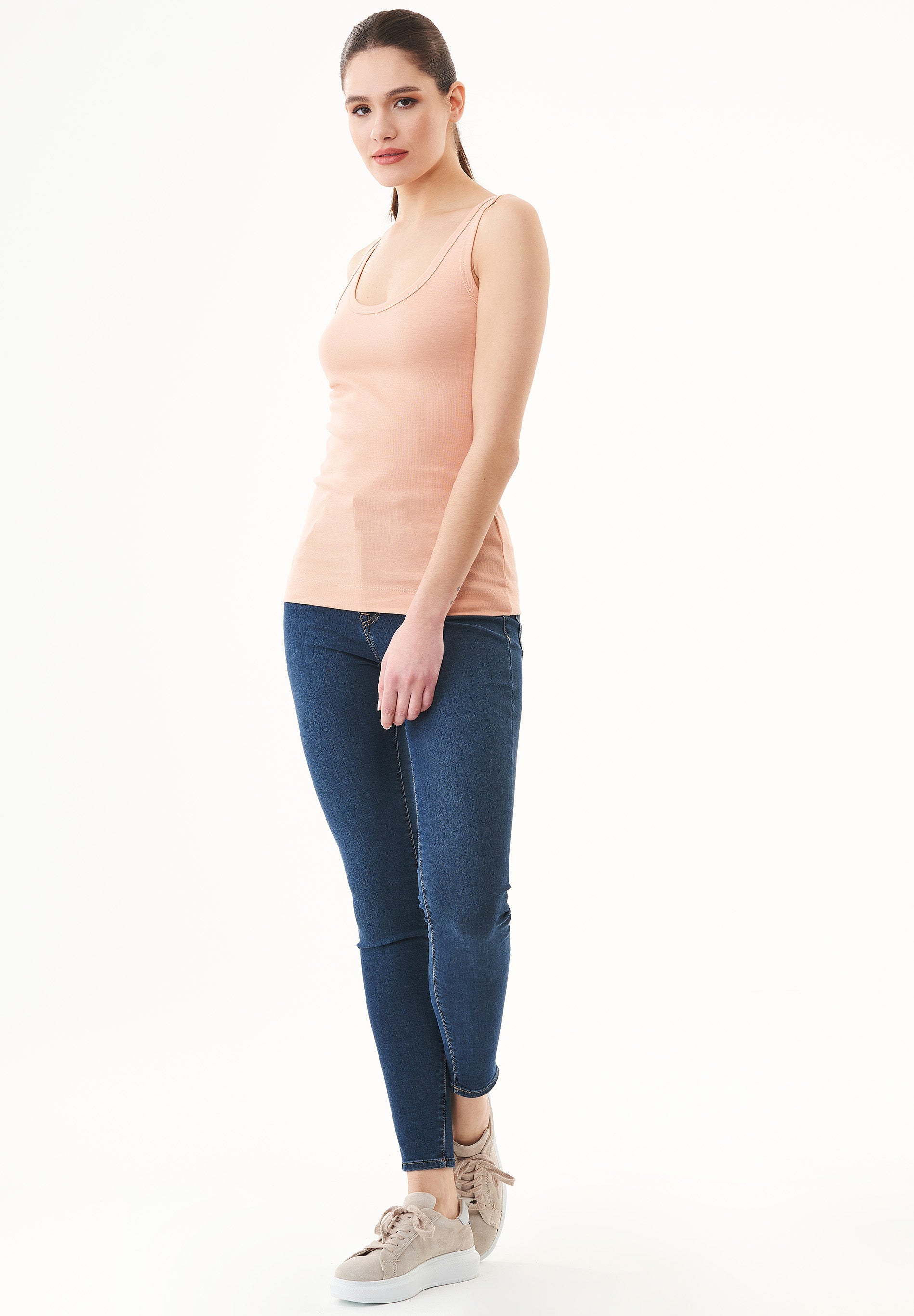 Ribbed Sleeveless Top in Organic Cotton in tan (thin strap) - Ecomarket.com