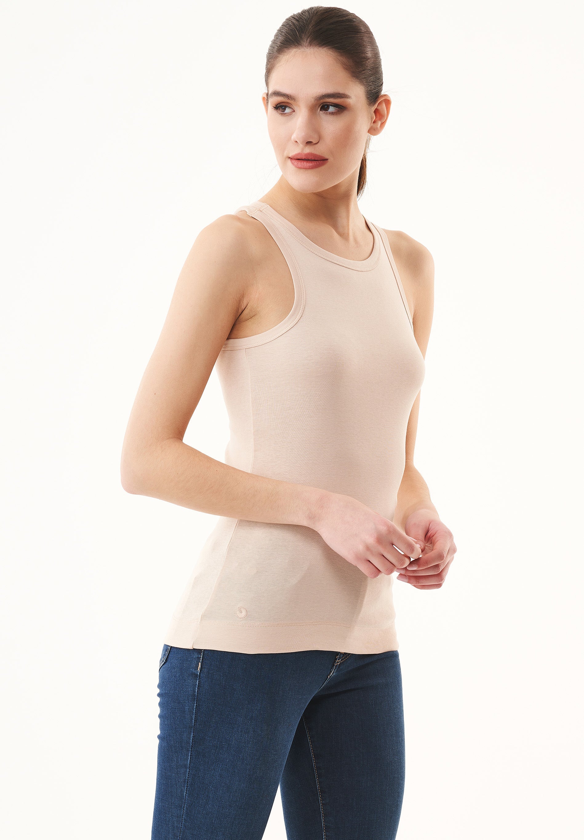 Ribbed Sleeveless Top in Organic Cotton in peach (crew neck) - Ecomarket.com