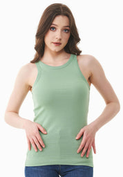 Ribbed Sleeveless Top in Organic Cotton in matcha green (crew neck) - Ecomarket.com