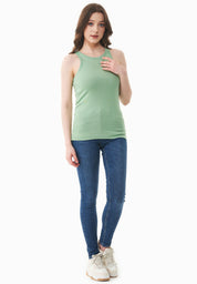 Ribbed Sleeveless Top in Organic Cotton in matcha green (crew neck) - Ecomarket.com