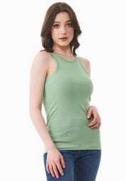 Ribbed Sleeveless Top in Organic Cotton in matcha green (crew neck) - Ecomarket.com