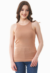 Ribbed Sleeveless Top in Organic Cotton in tan (crew neck) - Ecomarket.com