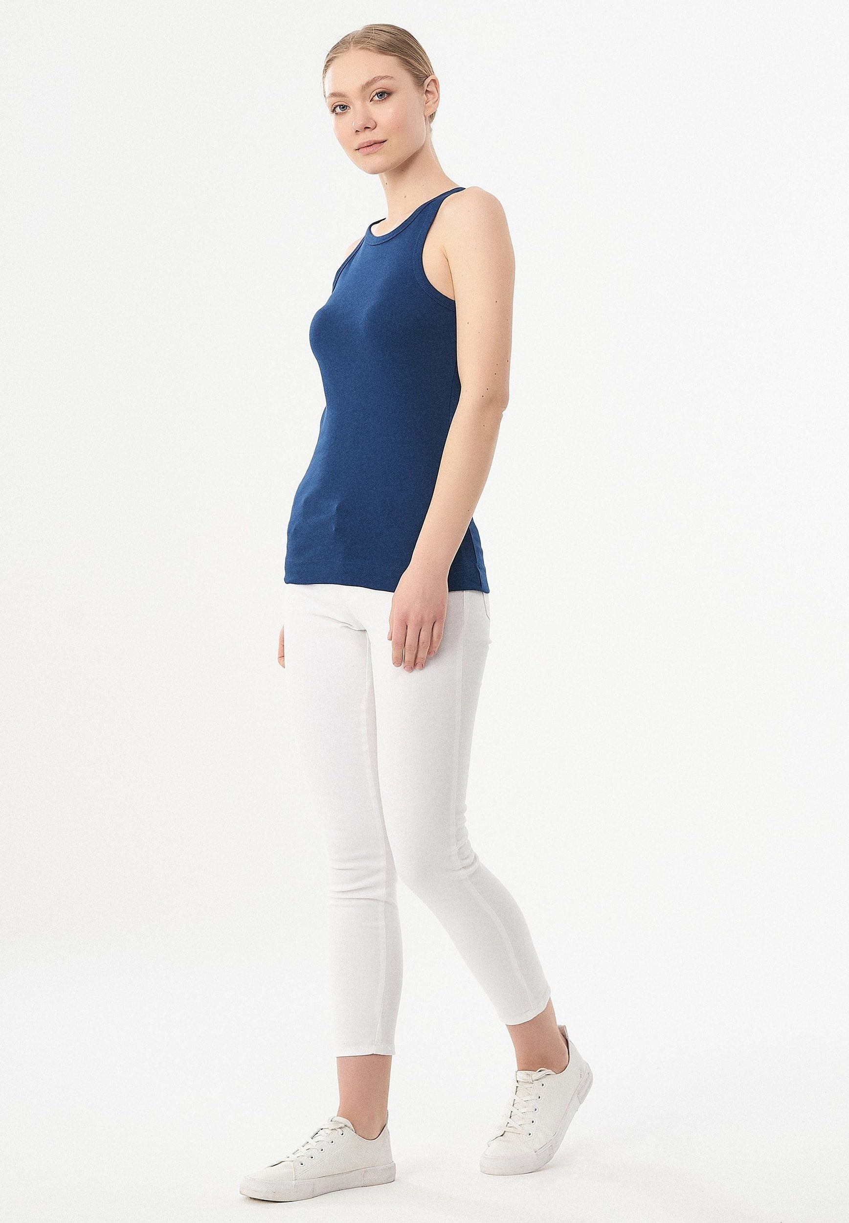 Ribbed Sleeveless Top in Organic Cotton in navy (crew neck) - Ecomarket.com