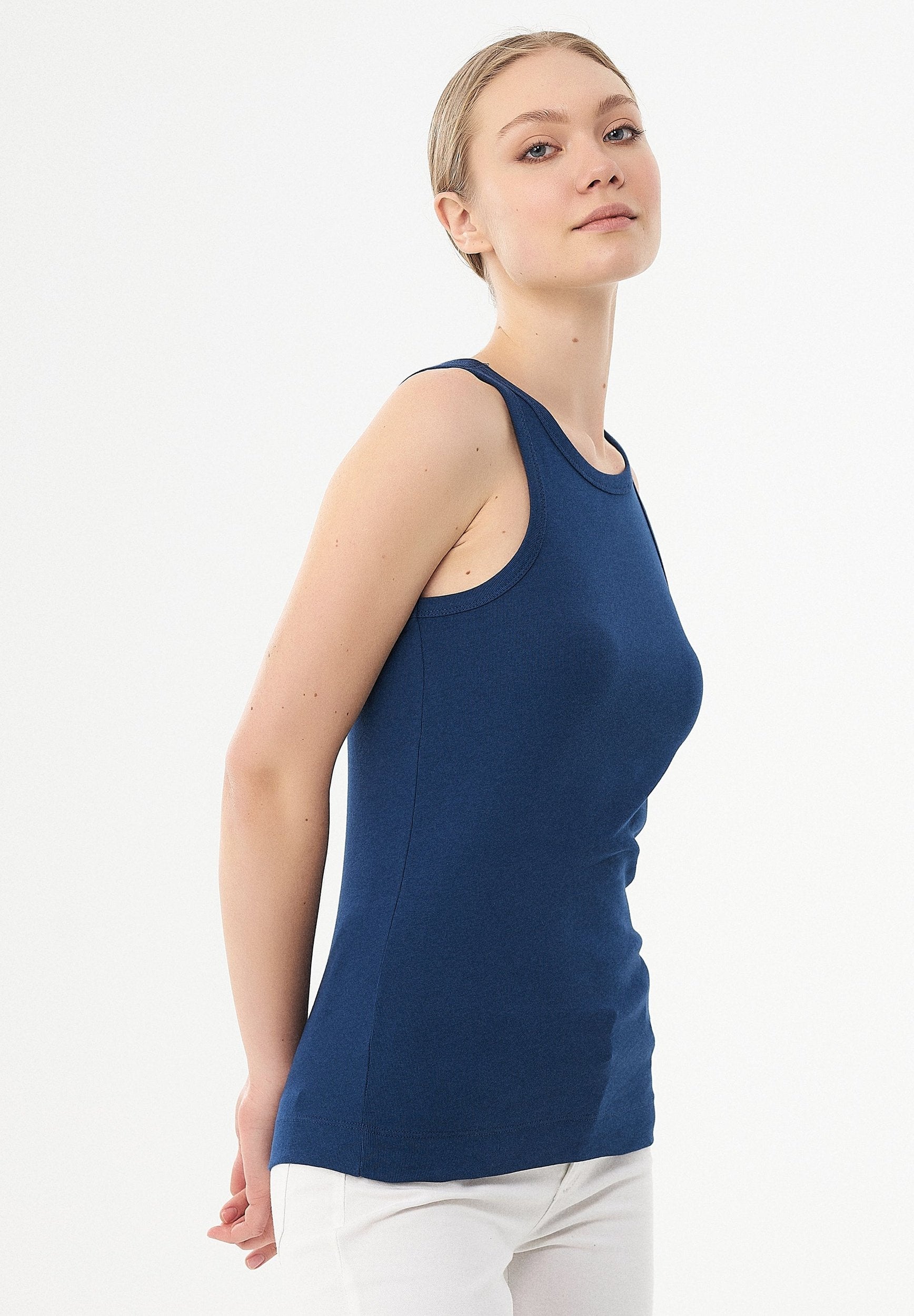 Ribbed Sleeveless Top in Organic Cotton in navy (crew neck) - Ecomarket.com