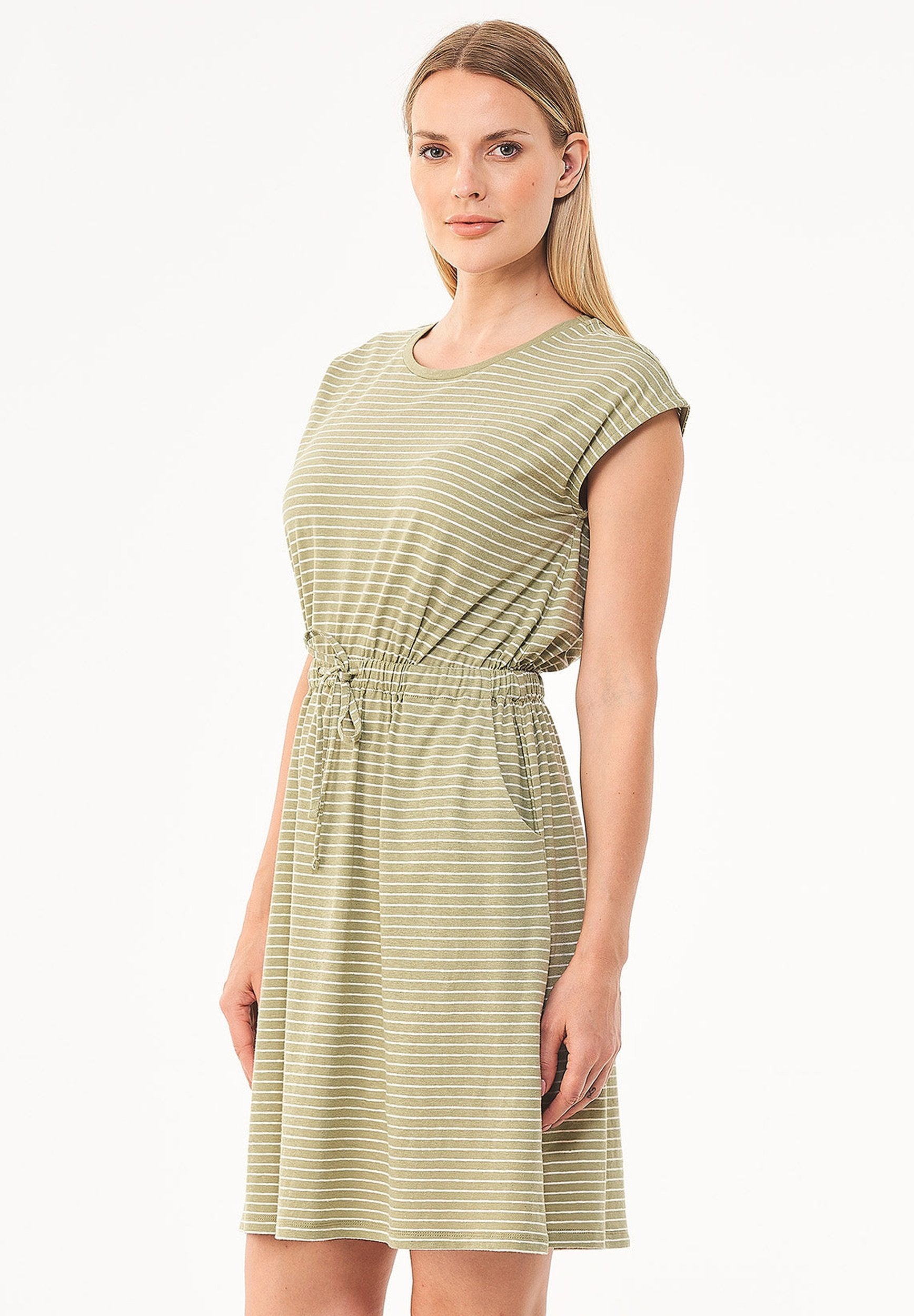 Striped Jersey Dress in Organic Cotton & Linen in olive green - Ecomarket.com