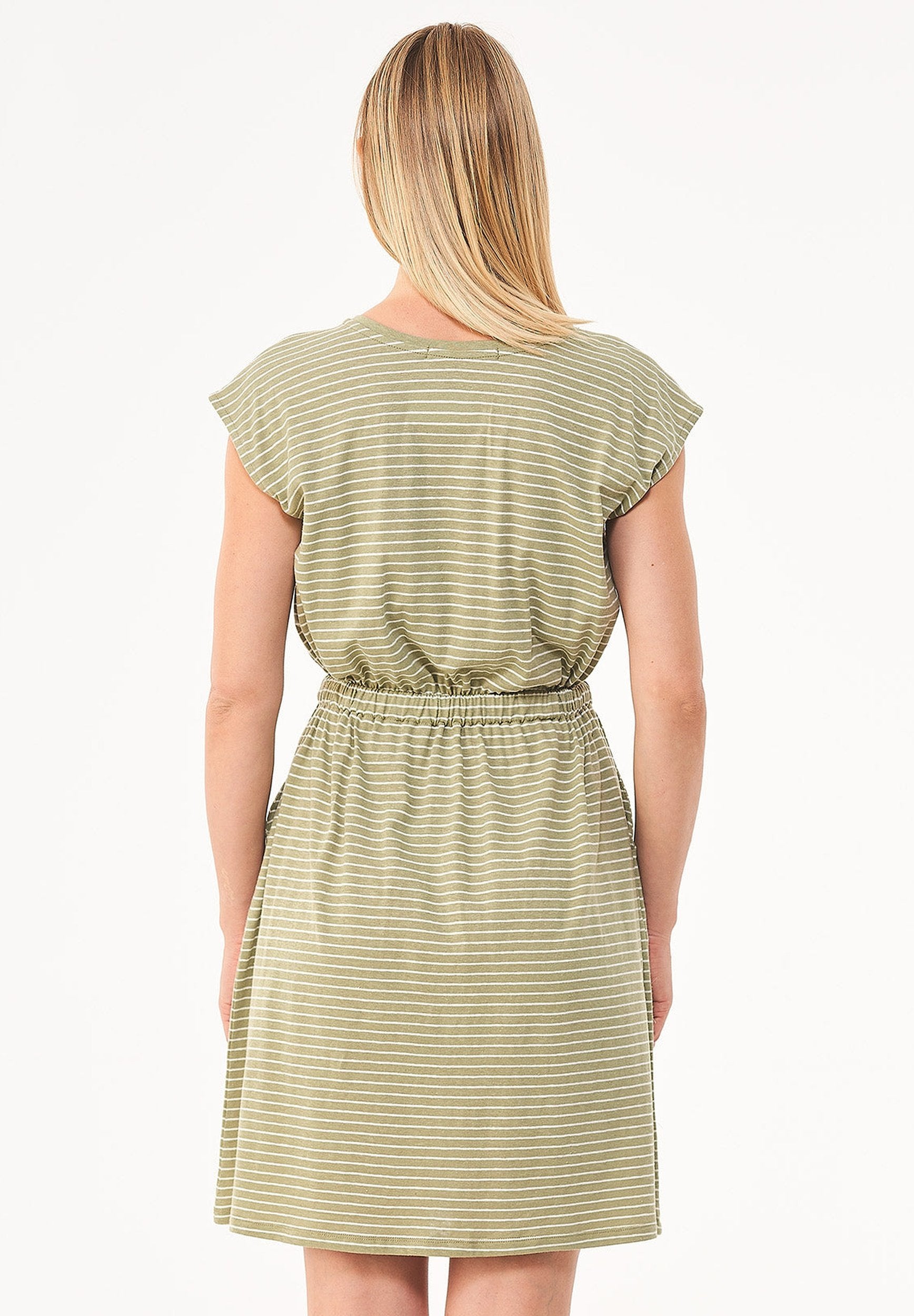 Striped Jersey Dress in Organic Cotton & Linen in olive green - Ecomarket.com