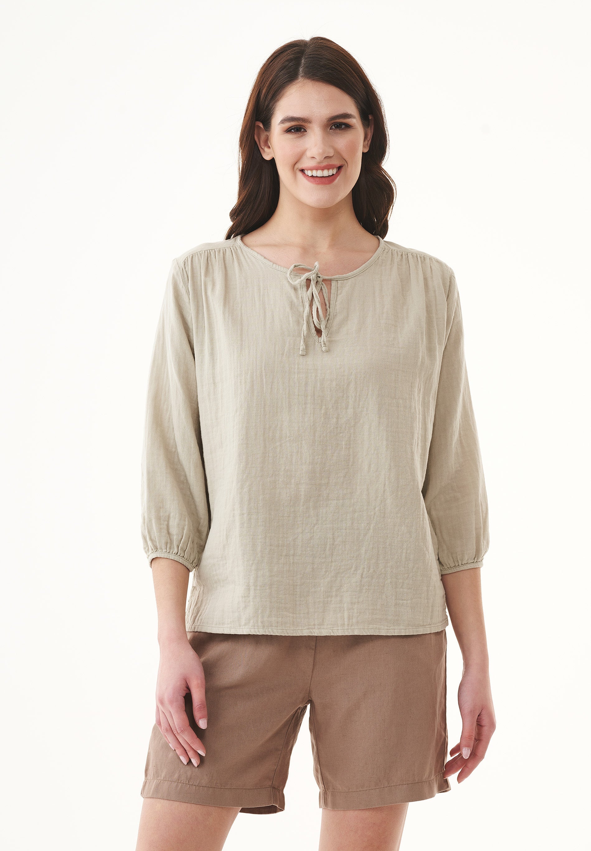 Organic Cotton Blouse with Tie Neck Detail Green Tint - Ecomarket.com