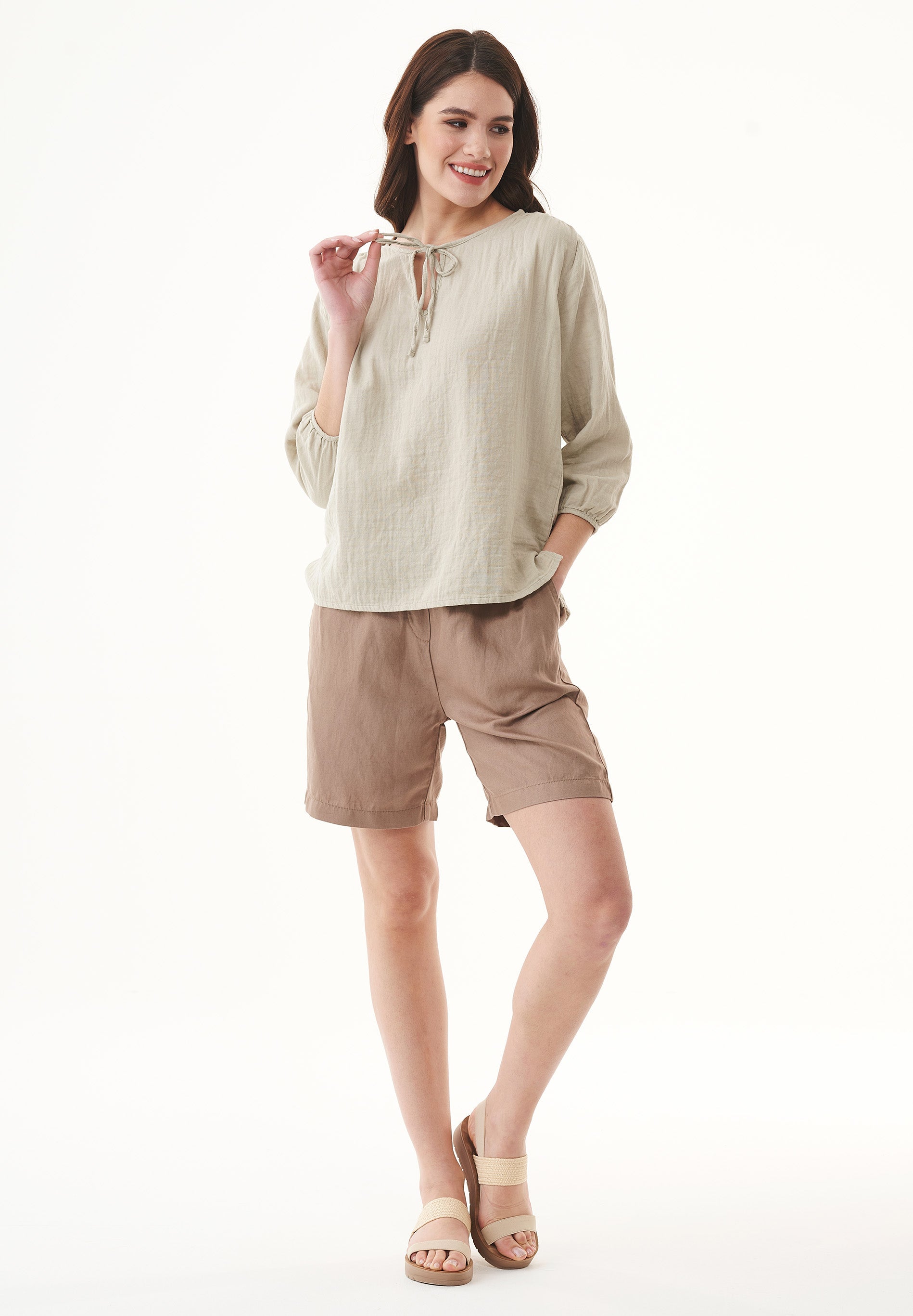 Organic Cotton Blouse with Tie Neck Detail Green Tint - Ecomarket.com
