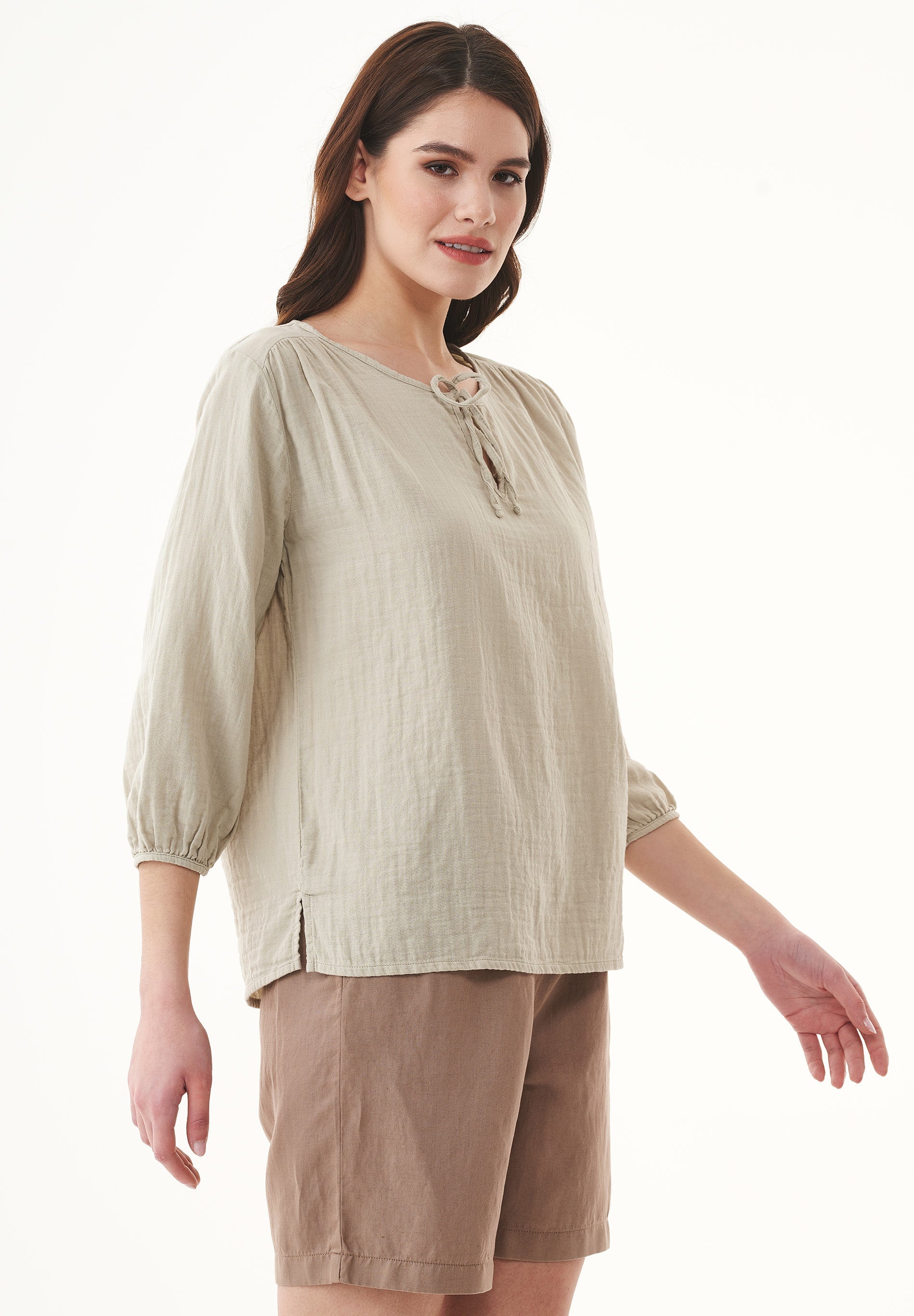 Organic Cotton Blouse with Tie Neck Detail Green Tint - Ecomarket.com