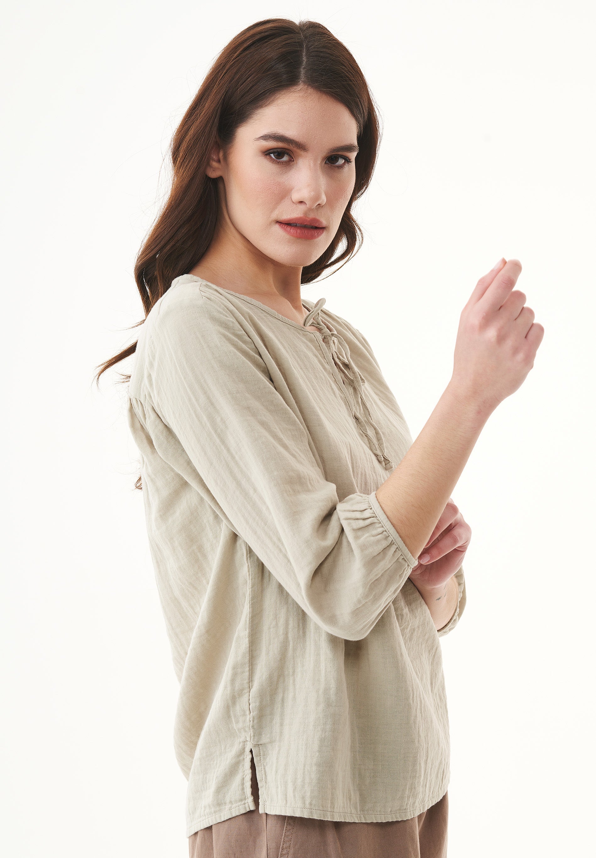 Organic Cotton Blouse with Tie Neck Detail Green Tint - Ecomarket.com