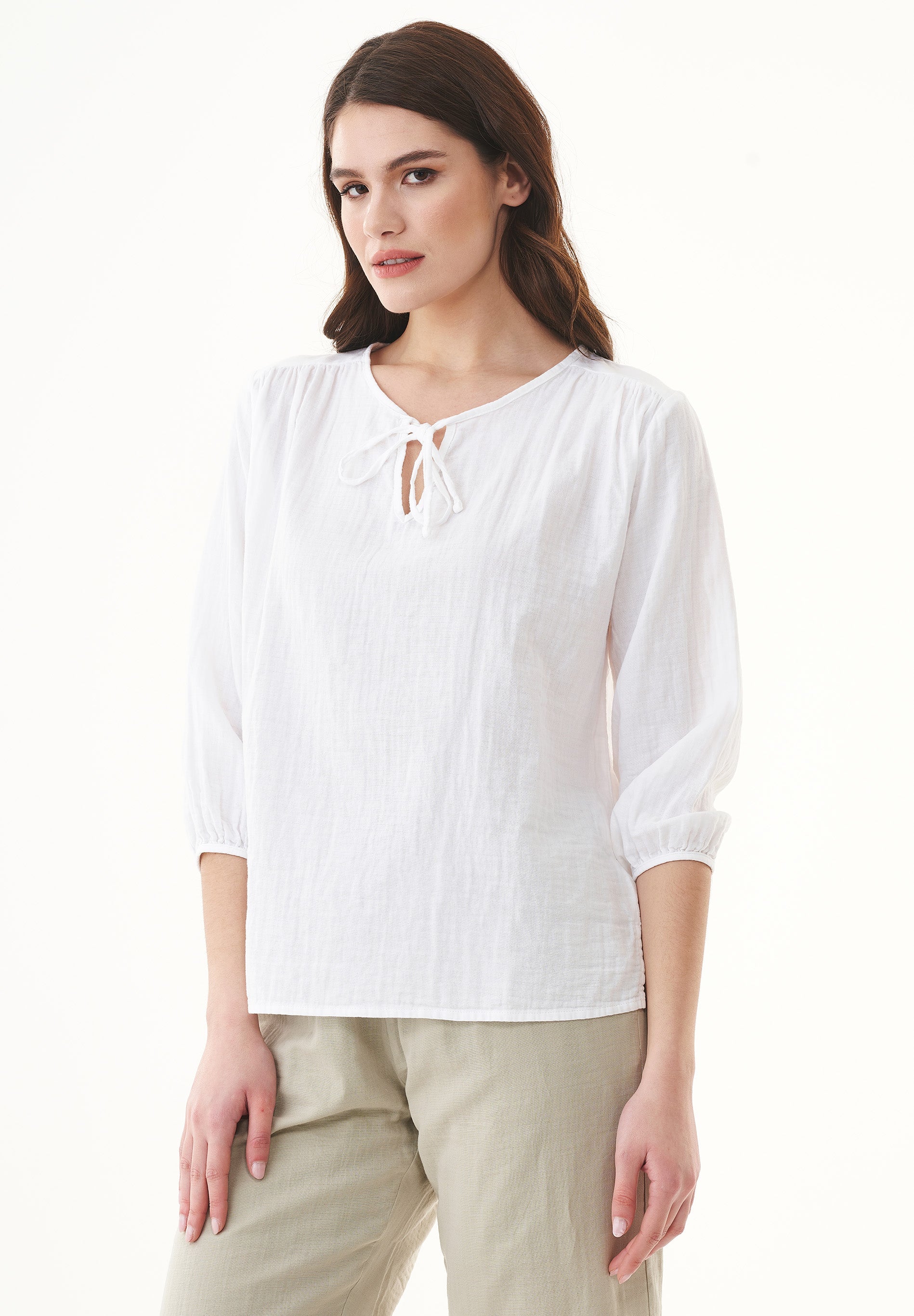 Organic Cotton Blouse with Tie Neck Detail white - Ecomarket.com