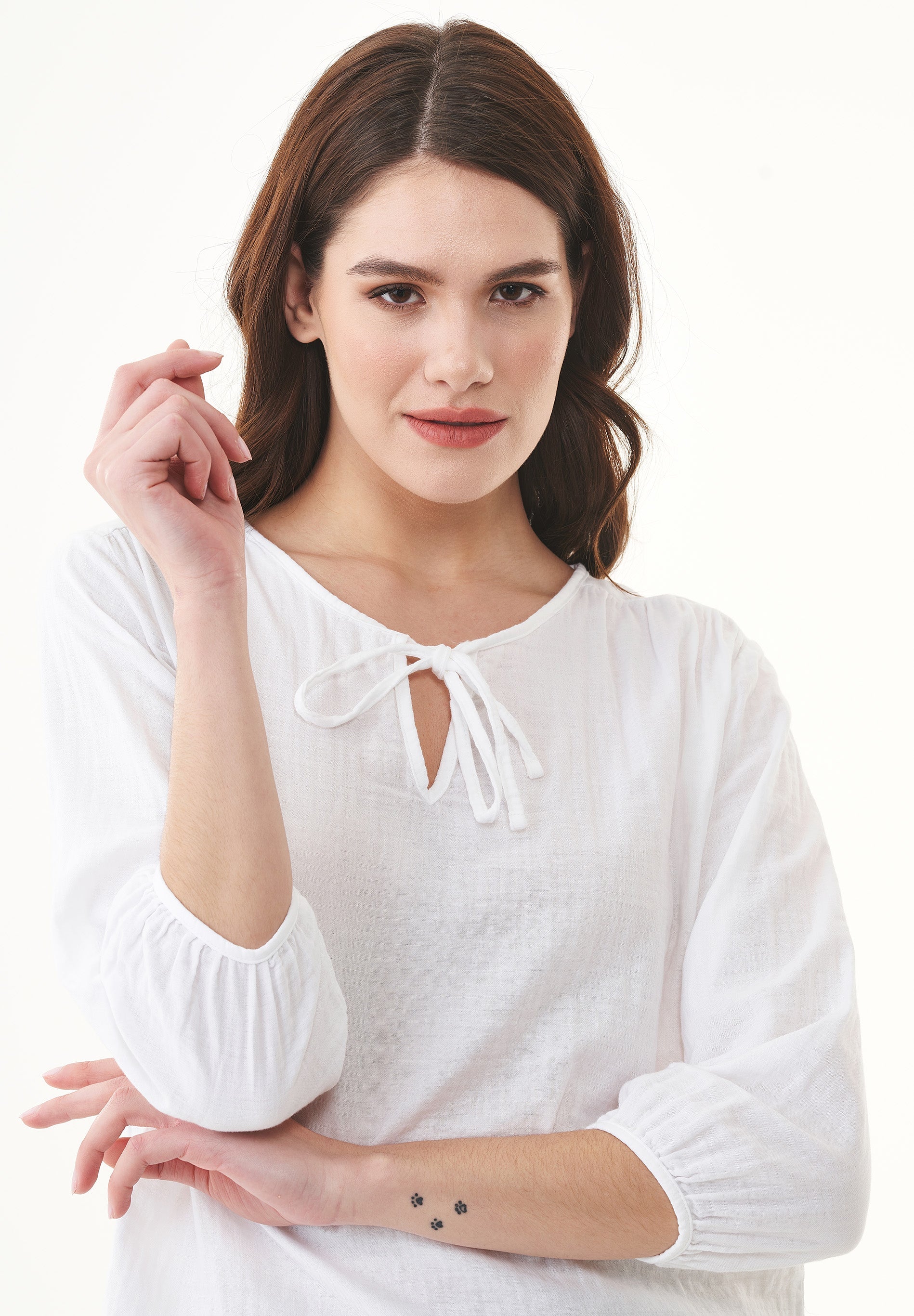 Organic Cotton Blouse with Tie Neck Detail white - Ecomarket.com