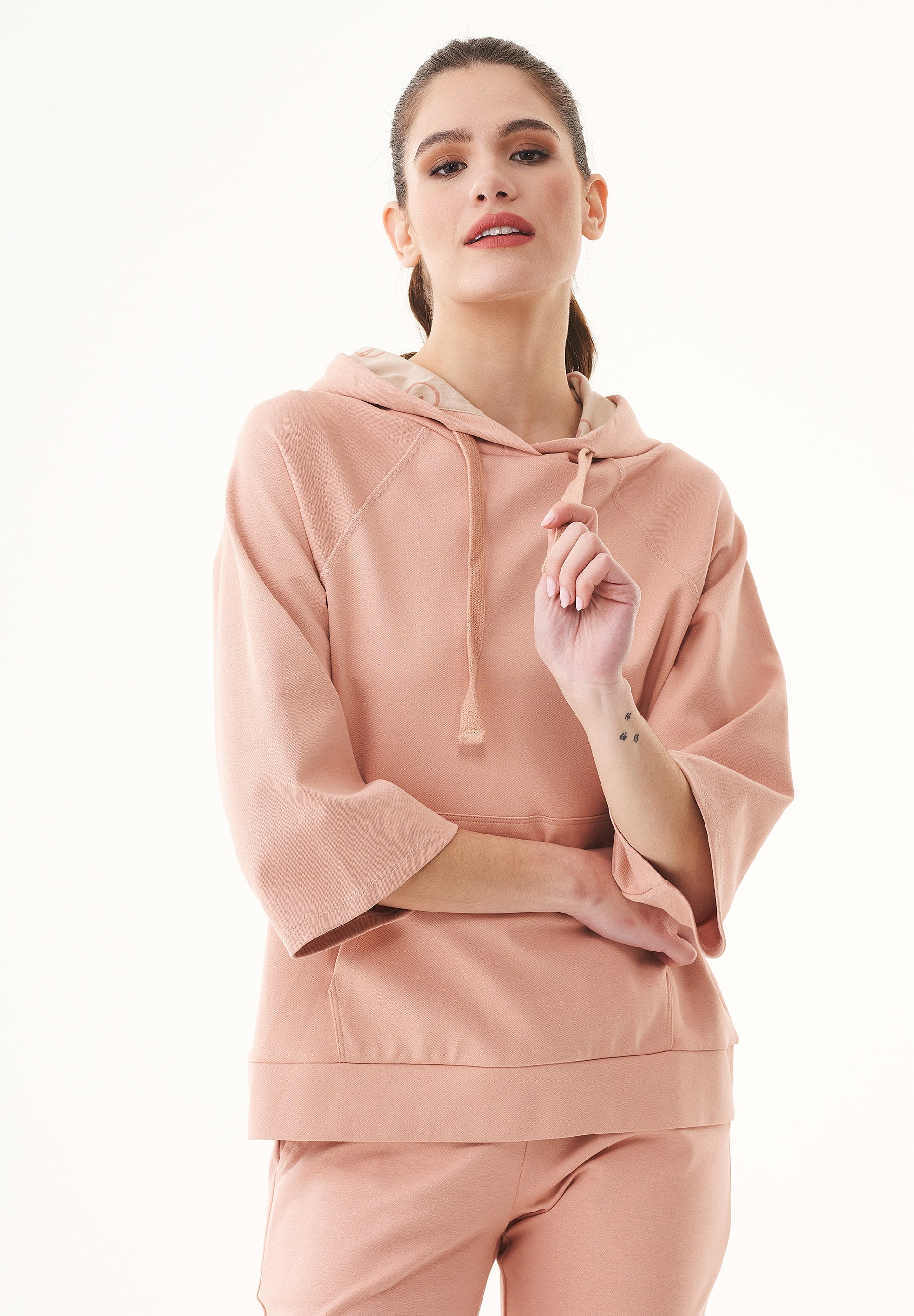 Organic Cotton Sweat Hoodie with 3/4 Sleeves in blush - Ecomarket.com