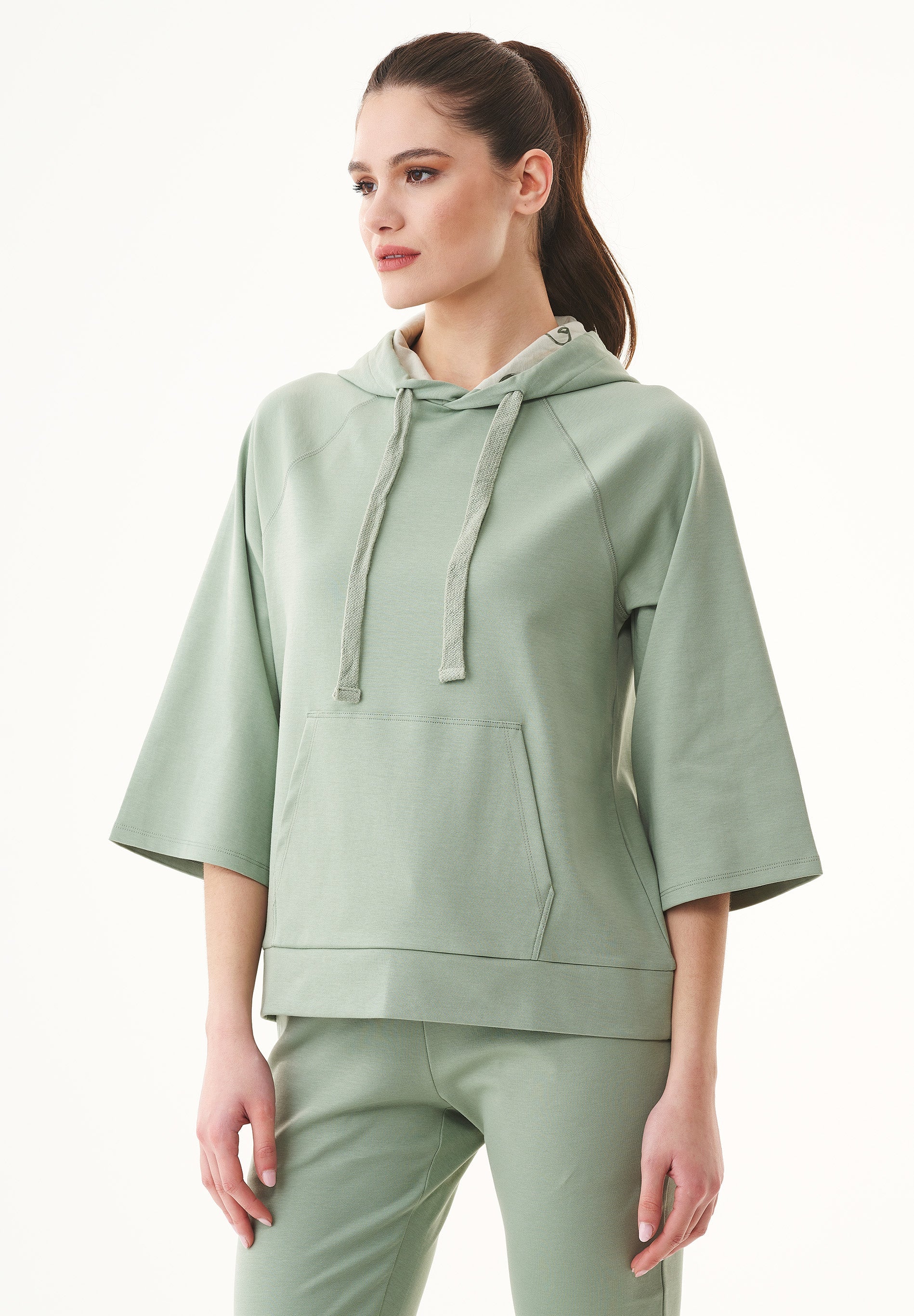 Organic Cotton Sweat Hoodie with 3/4 Sleeves in olive green - Ecomarket.com