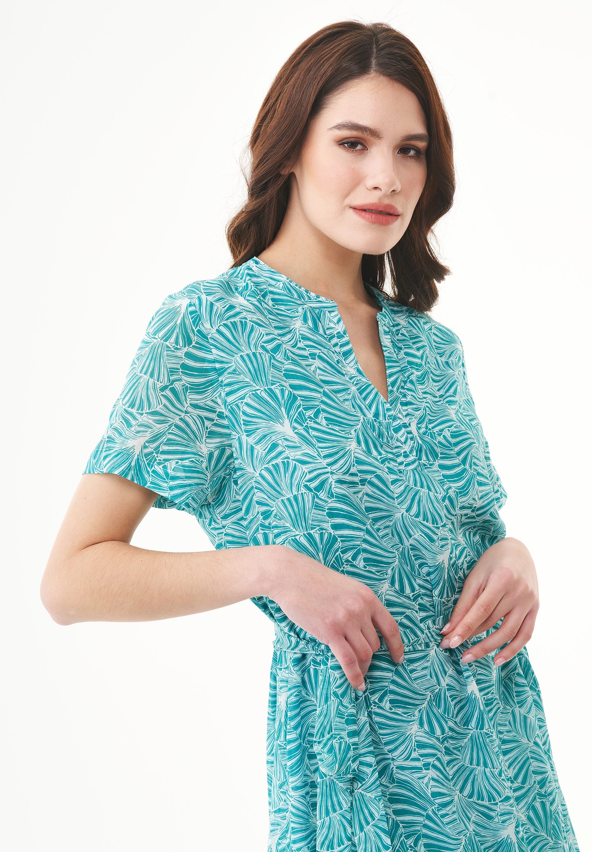 Organic Cotton Voile Dress with All-Over Floral Print in emerald - Ecomarket.com