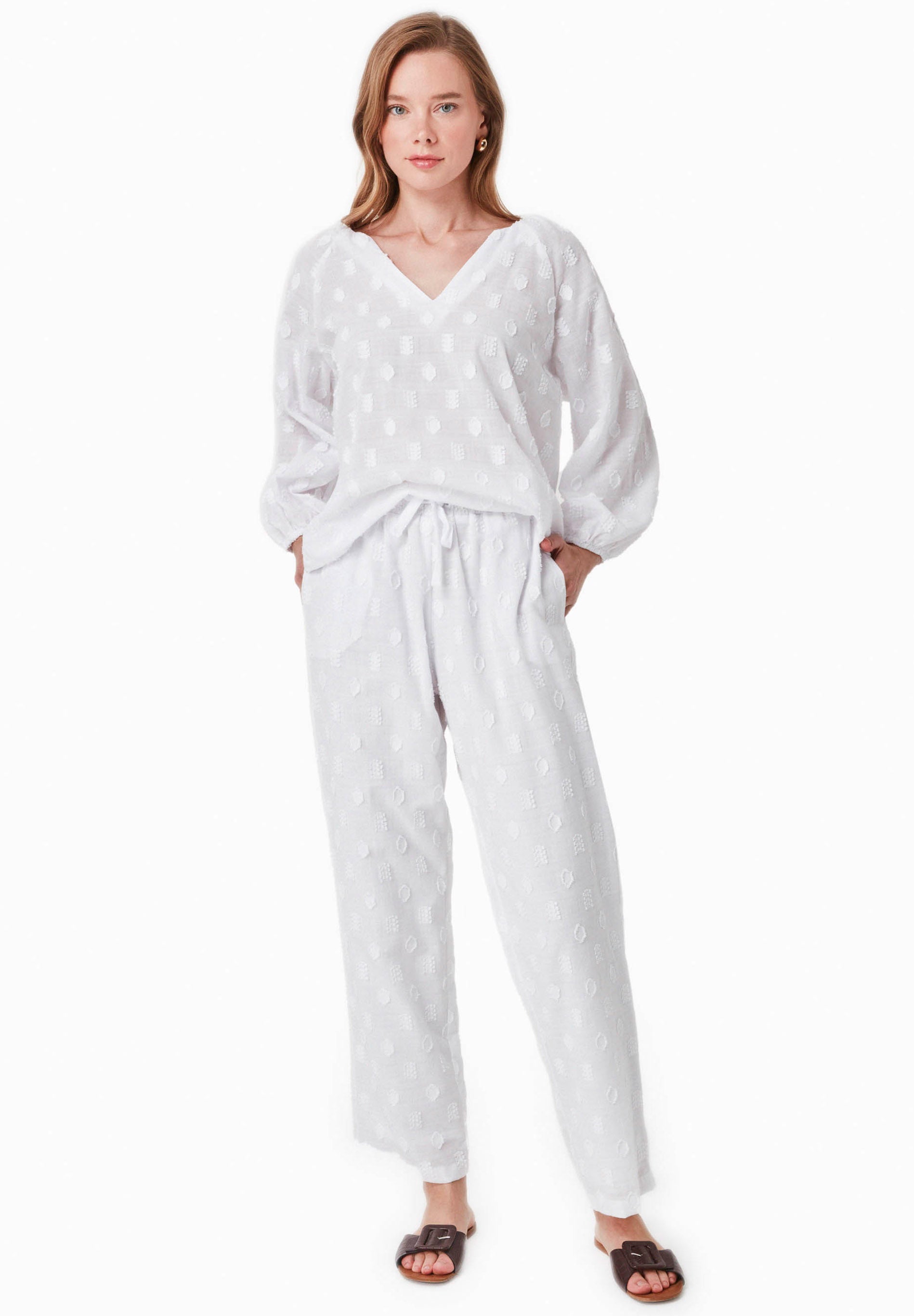 Organic Cotton Jacquard Trousers in white - Ecomarket.com