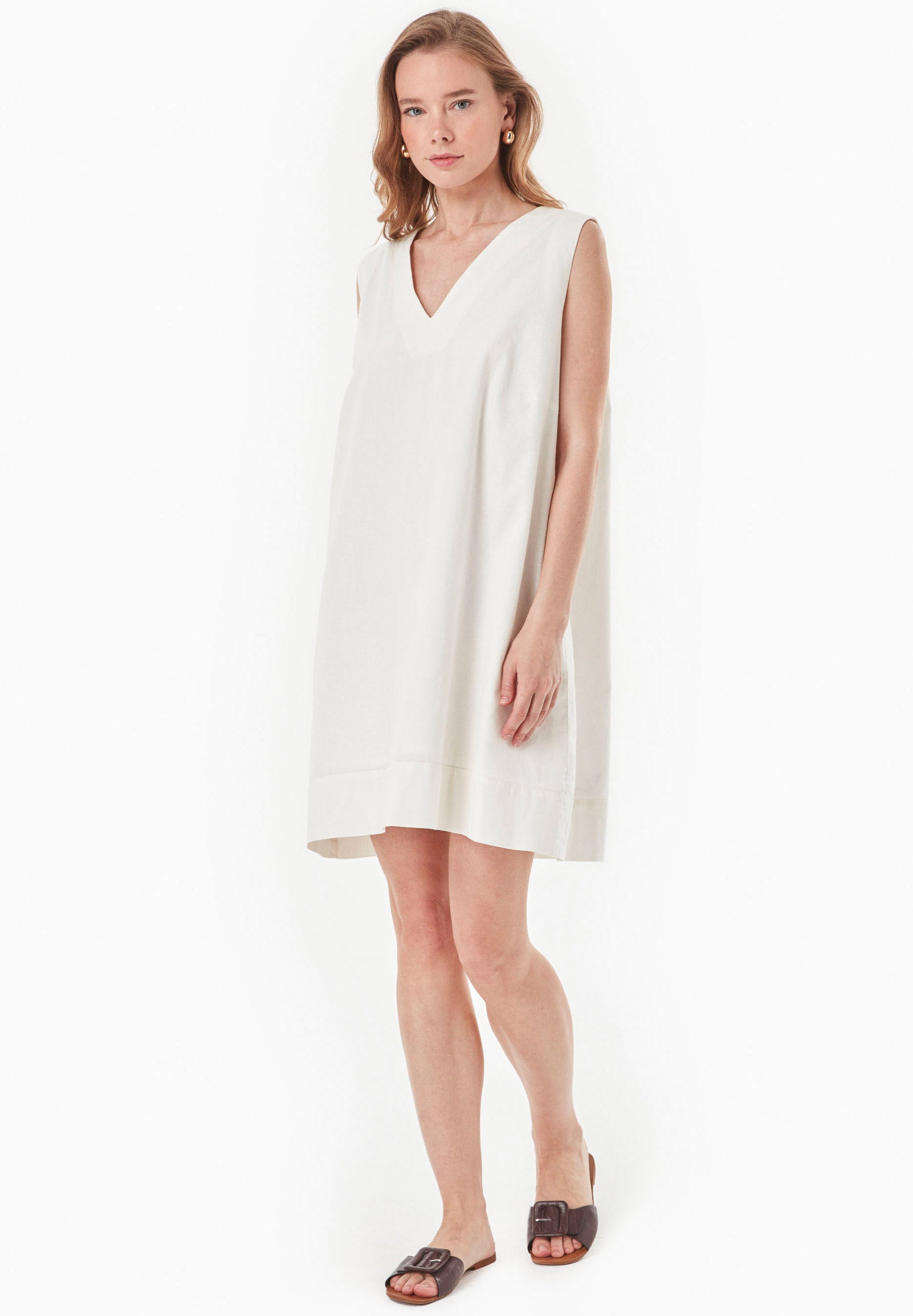 Organic Cotton & Linen Dress with Flowing Skirt off white - Ecomarket.com