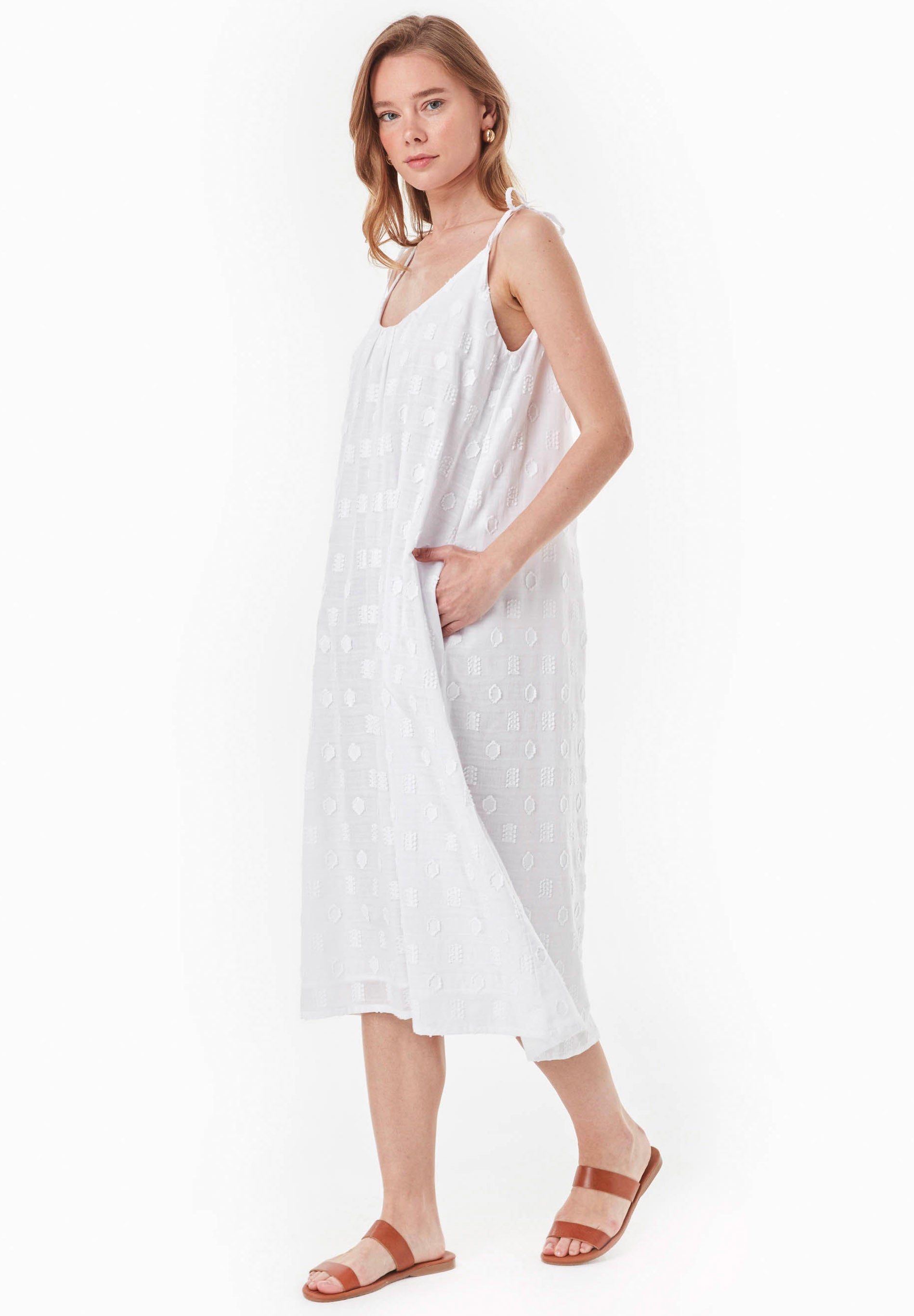 Organic Cotton Jacquard Dress with Adjustable Straps white - Ecomarket.com