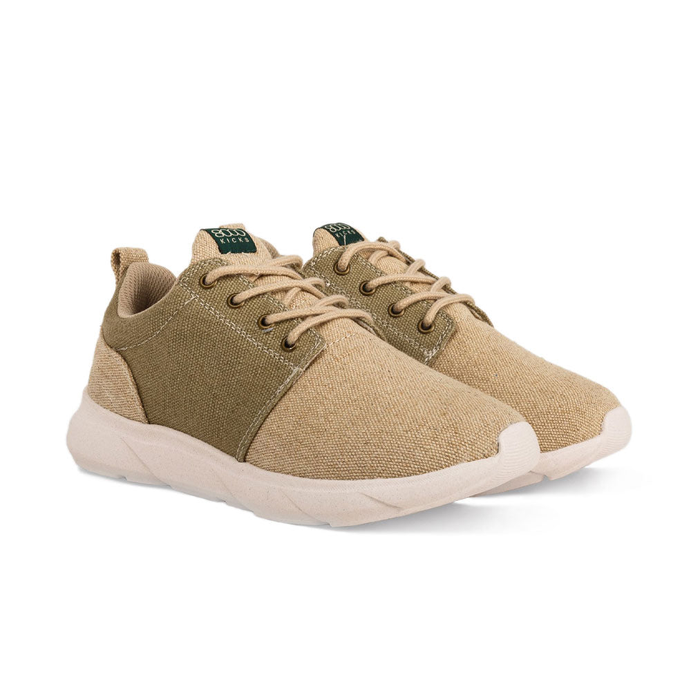 Pair of 8000 Kicks Low Top Explorer V2 Beige Green hemp sneakers, highlighting the shoe's unisex design and eco-friendly features.