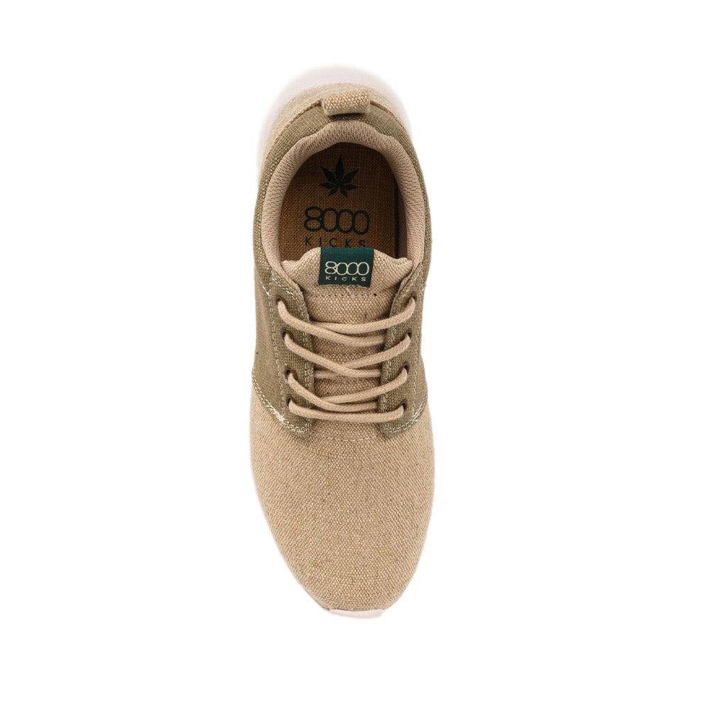 Top view of the 8000 Kicks Low Top Explorer V2 Beige Green hemp sneaker, displaying the laces and brand logo on the tongue.