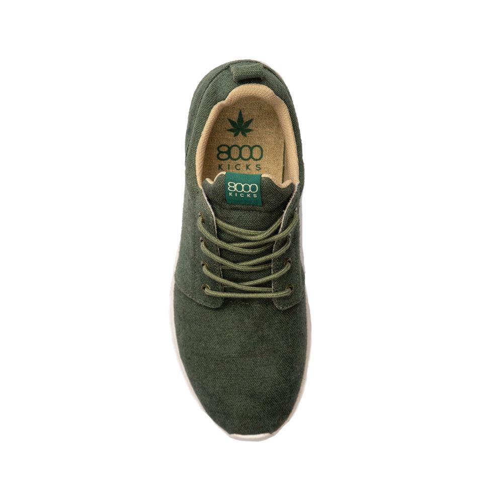 top-down view of the unisex 8000 Kicks Low Top Explorer V2 Green sneaker, displaying the green hemp upper and laces. Keywords: Hemp Sneaker, Hemp Shoes, Sustainable shoe.