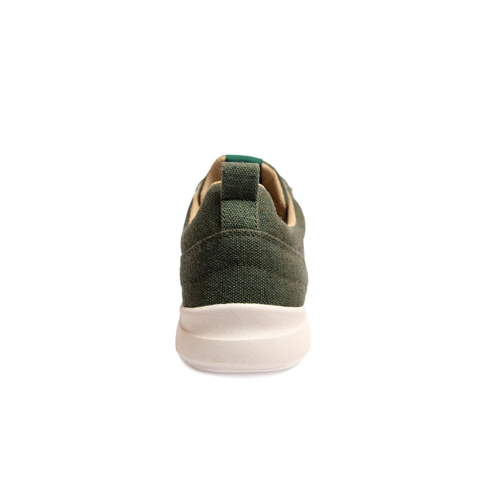 The rear view of the unisex 8000 Kicks Low Top Explorer V2 Green sneaker, highlighting the sustainable design and white sole. Keywords: Hemp Shoes, Hemp Sneakers, Sustainable shoe.