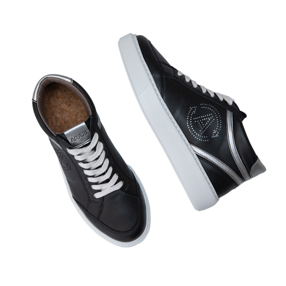 Top view of the Agazi Blanka Black and Silver shoes, displaying the laces and brand logo on the tongue, emphasizing the sustainability shoes design.