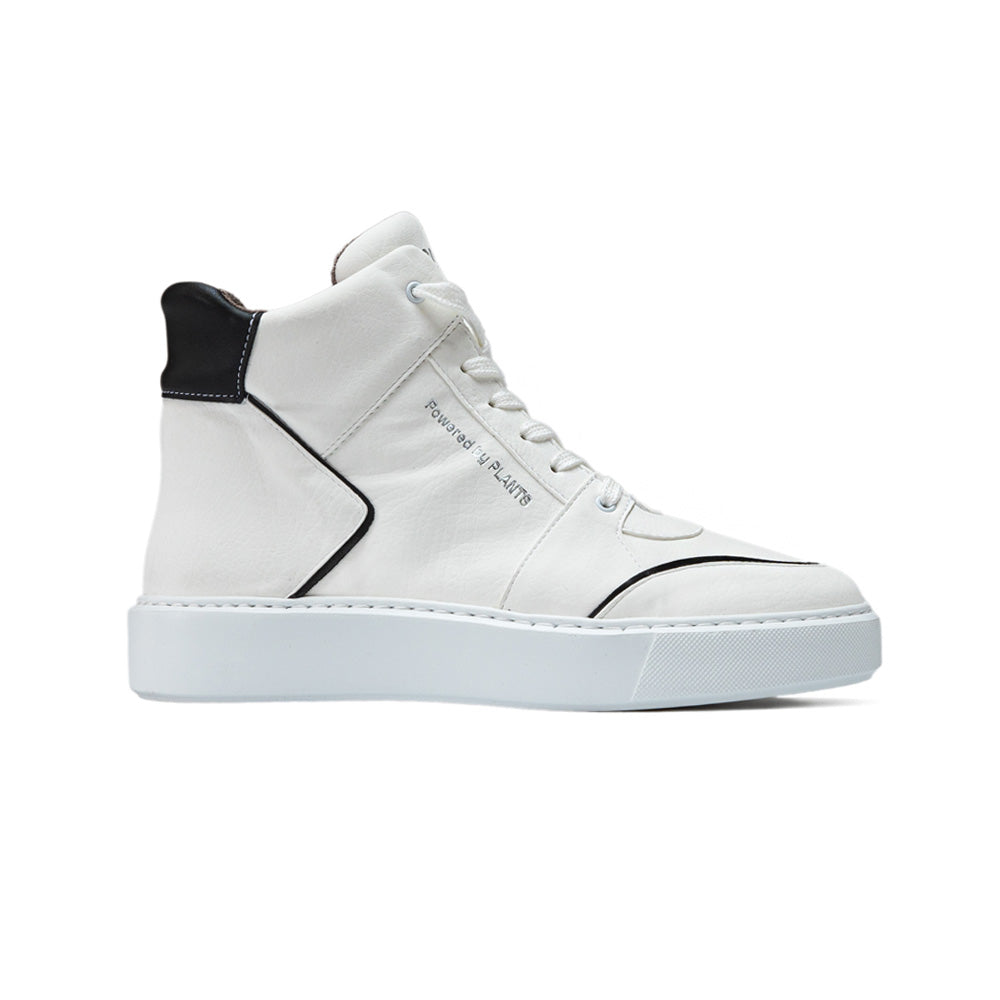 Agazi EMI High Top sneakers in white with black accents, viewed from the side. Sustainability shoes. Environment friendly shoes.