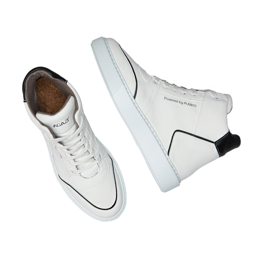 Agazi EMI High Top sneakers in white with black accents, top view showing both shoes. Sustainability shoes. Environment friendly shoes.