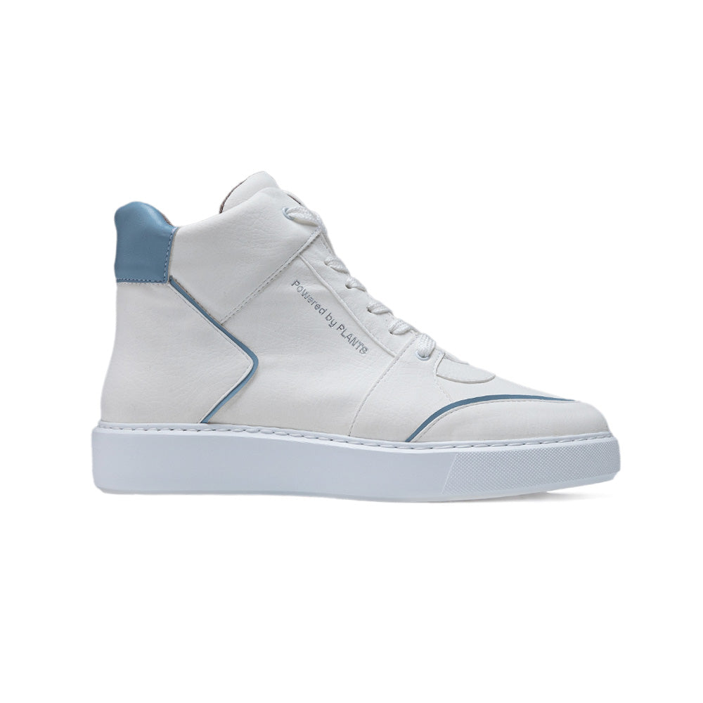 AGAZI EMI High Top sneakers in white and blue, side view. Sustainability shoes. Environment friendly shoes.