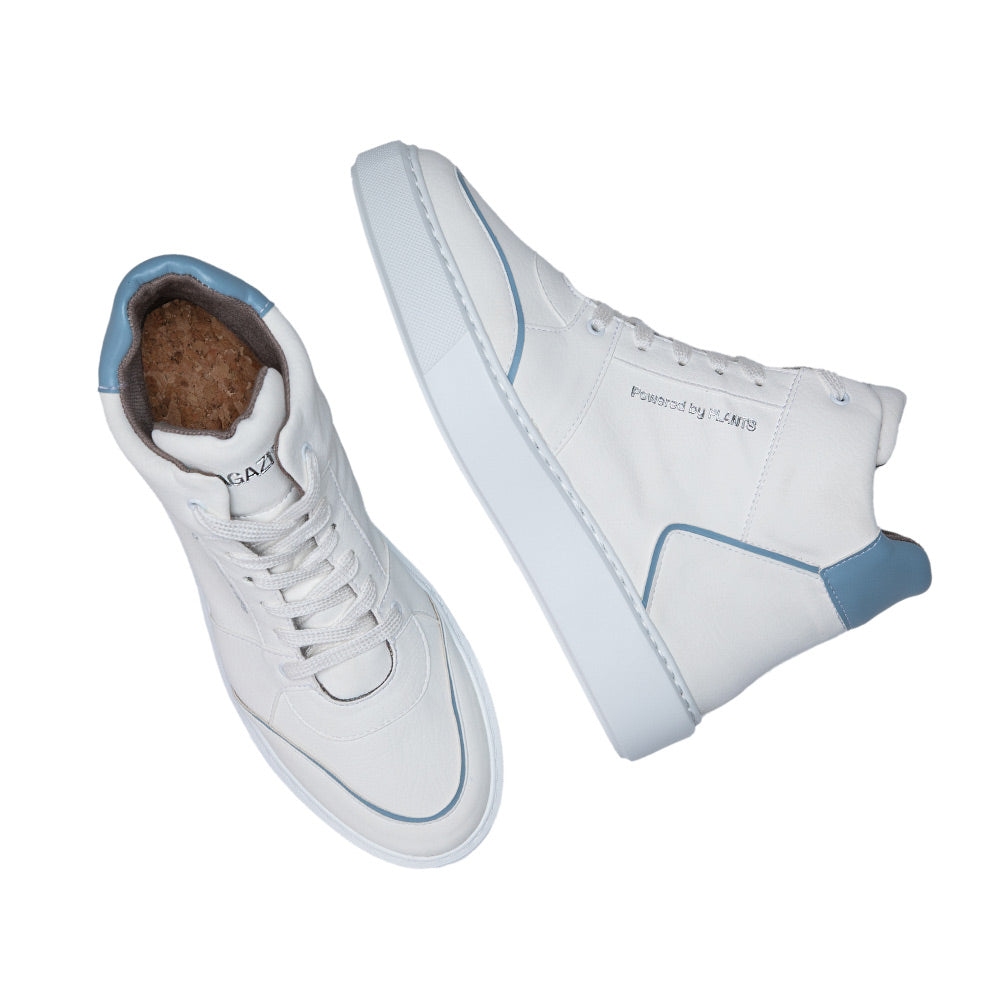 AGAZI EMI High Top sneakers in white and blue, top and side view. Sustainability shoes. Environment friendly shoes.