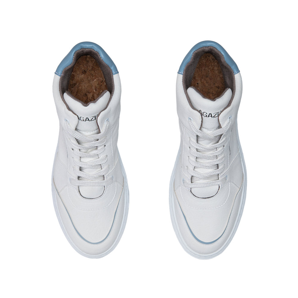 AGAZI EMI High Top sneakers in white and blue, top view. Sustainability shoes. Environment friendly shoes.