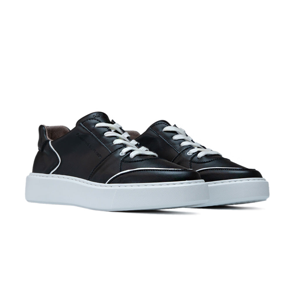 AGAZI EMI Low Black sneakers angled front view displaying style and comfort. Sustainability Shoes. Environment friendly shoes.