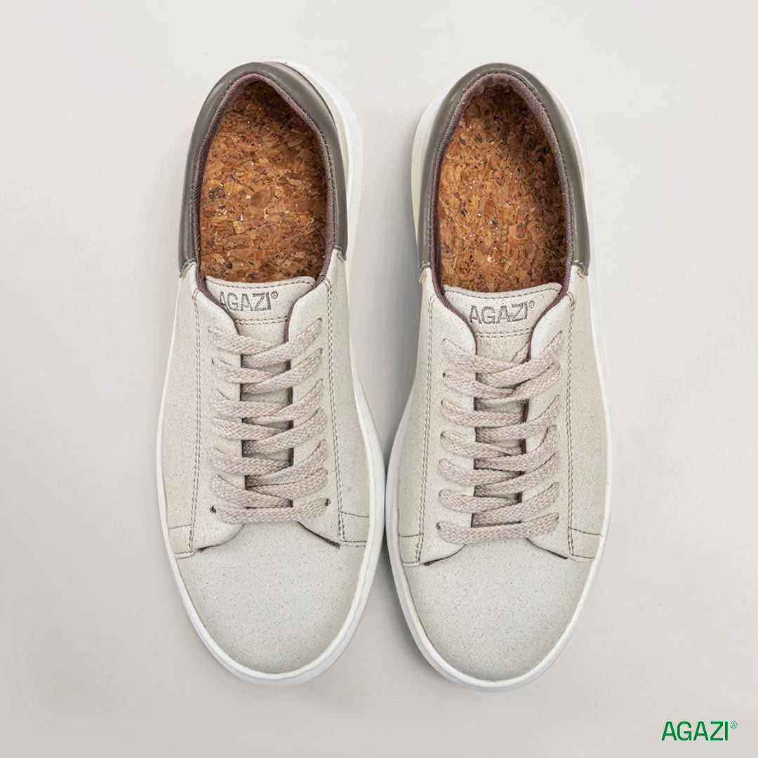 Agazi Emma Cappuccino sustainable sneakers, view from the top, showing off the cork insole